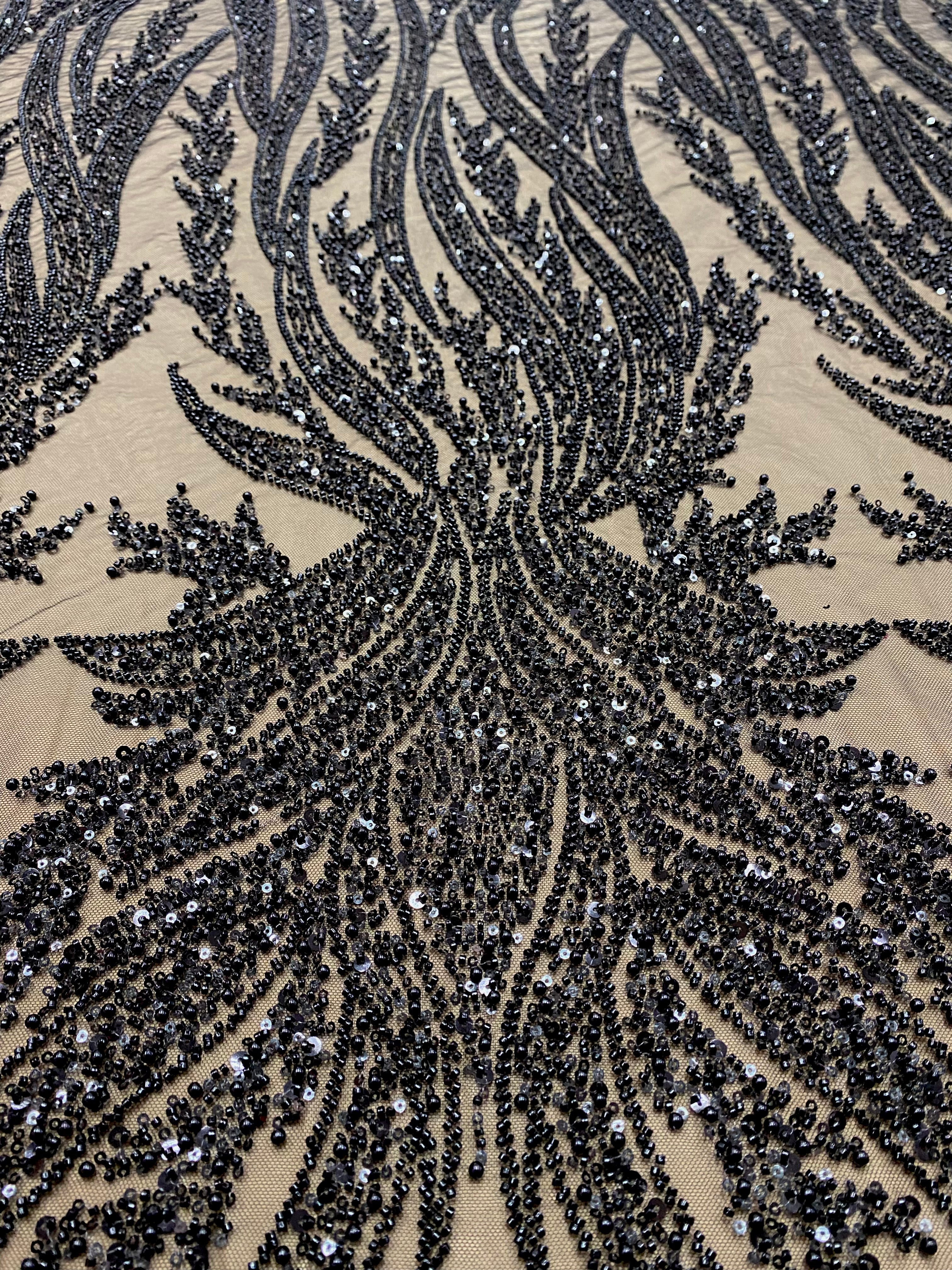 Silver Couture Lace on Blue Tulle, with Symmetrical Pattern, with Beads and Sequins 