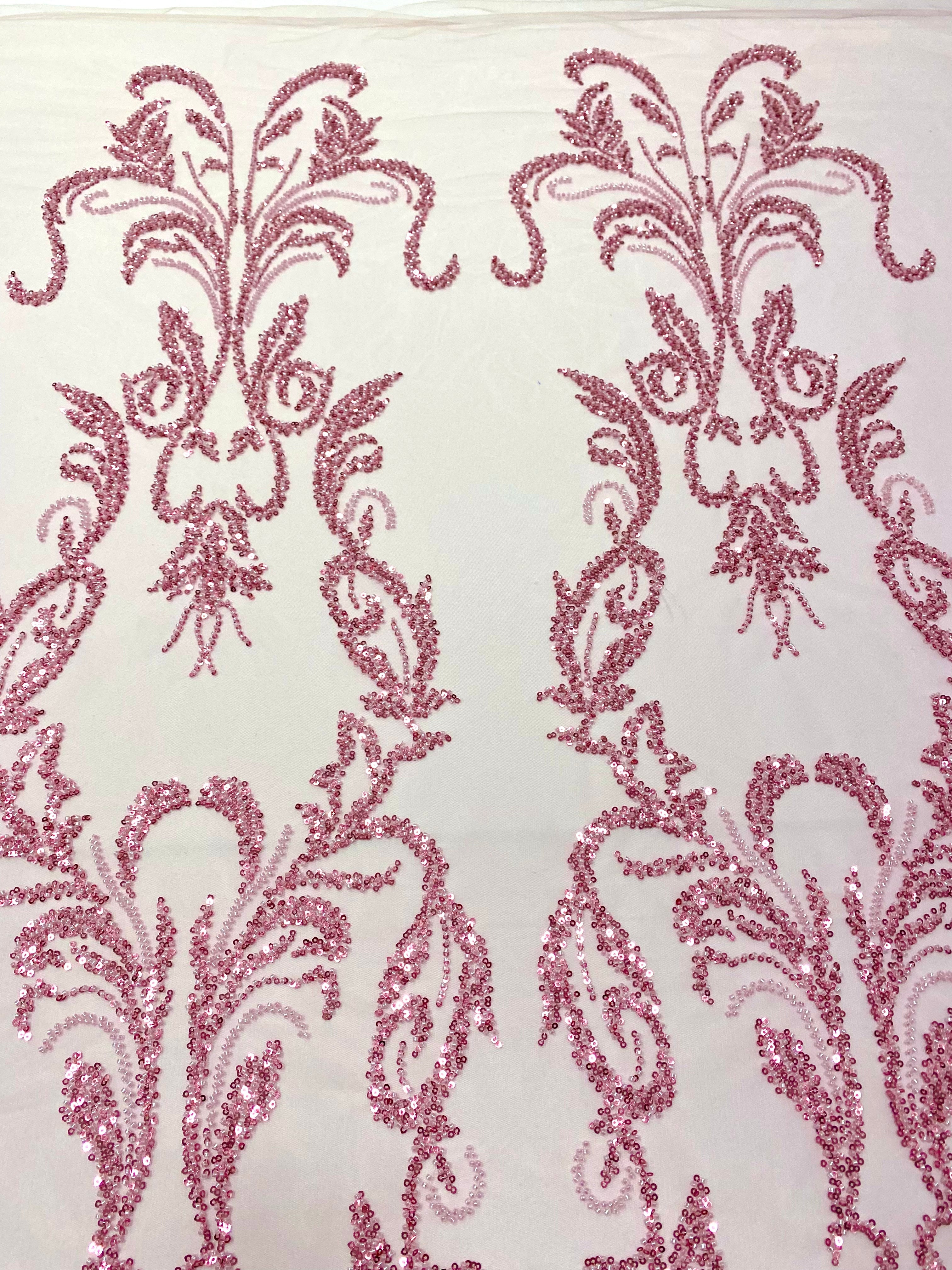 Pink Couture Lace with Geometric Pattern, with Beads and Sequins