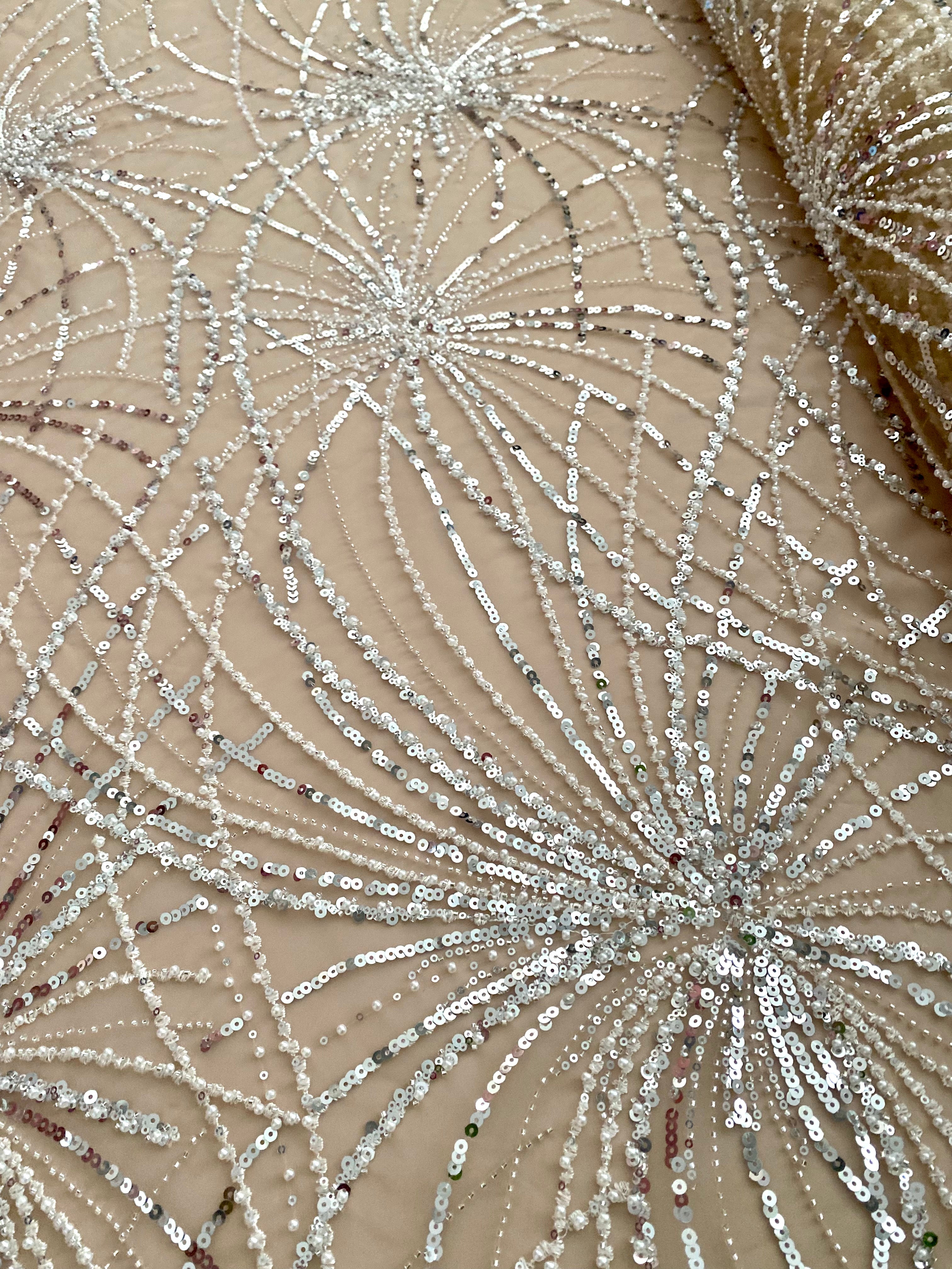 Silver Lace with Linear Pattern, with Pearls and Sequins