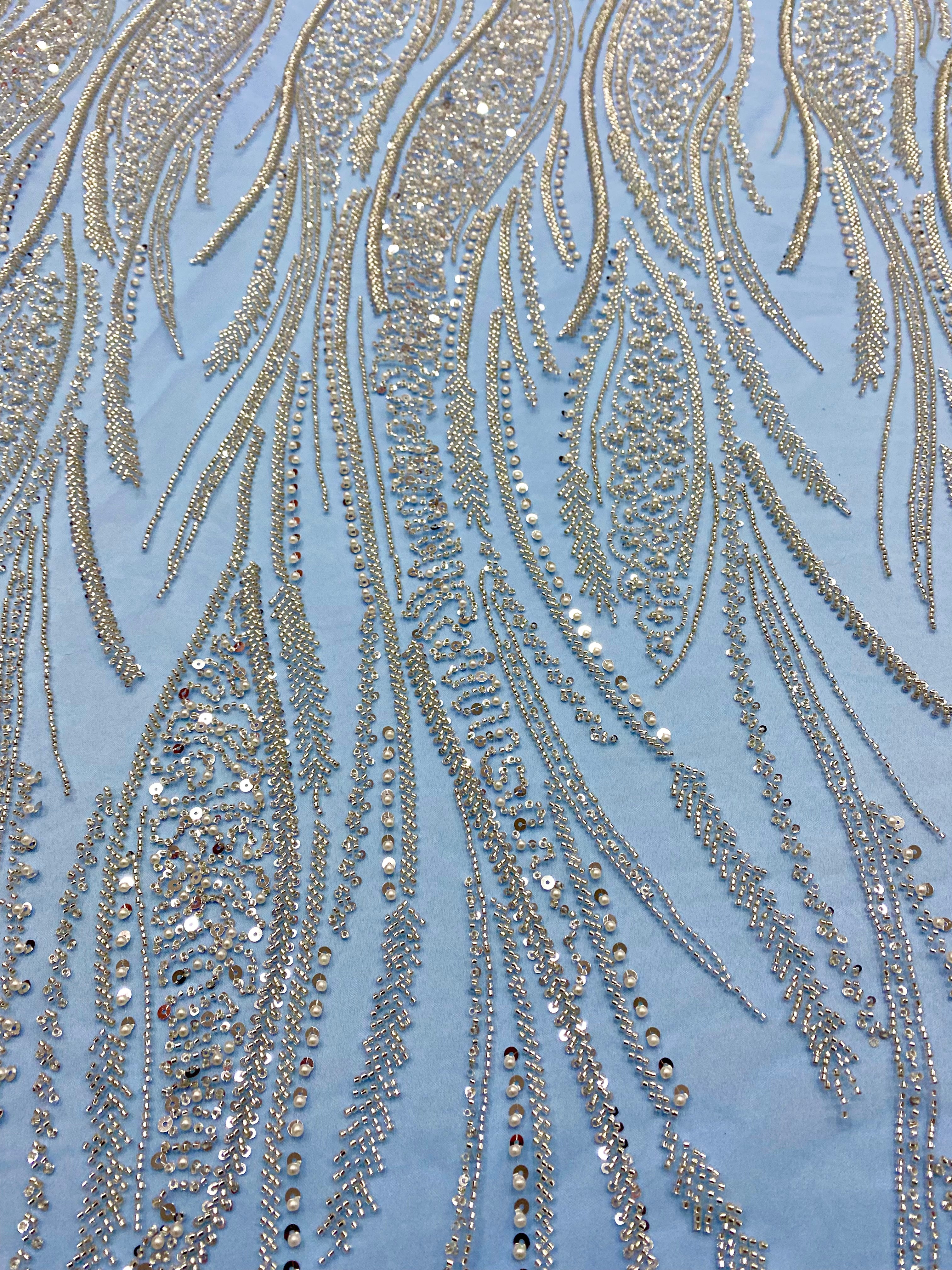 Silver Lace with Linear Pattern, with Pearls and Sequins