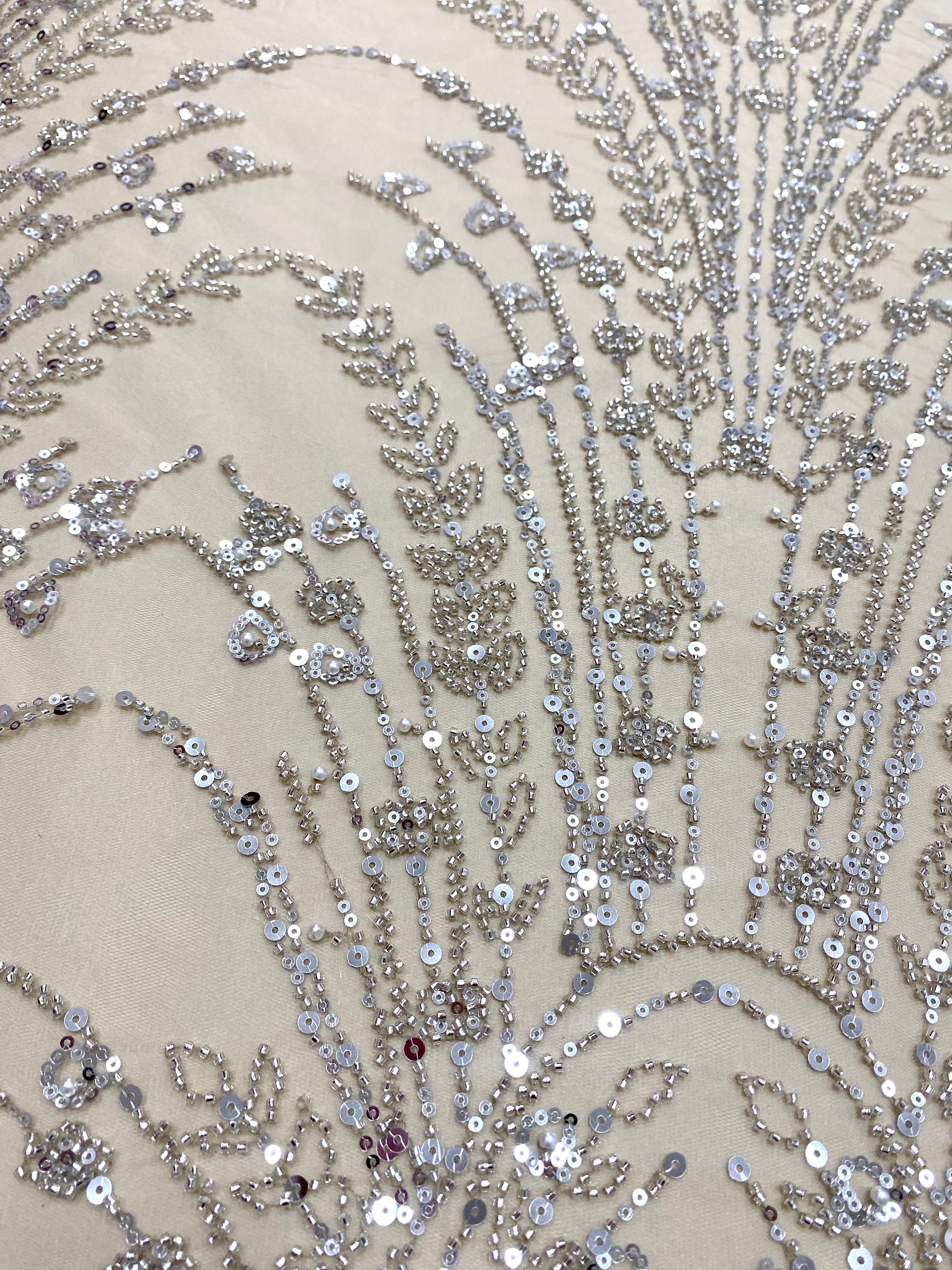 Silver Lace with Geometric Pattern, with Beads and Sequins