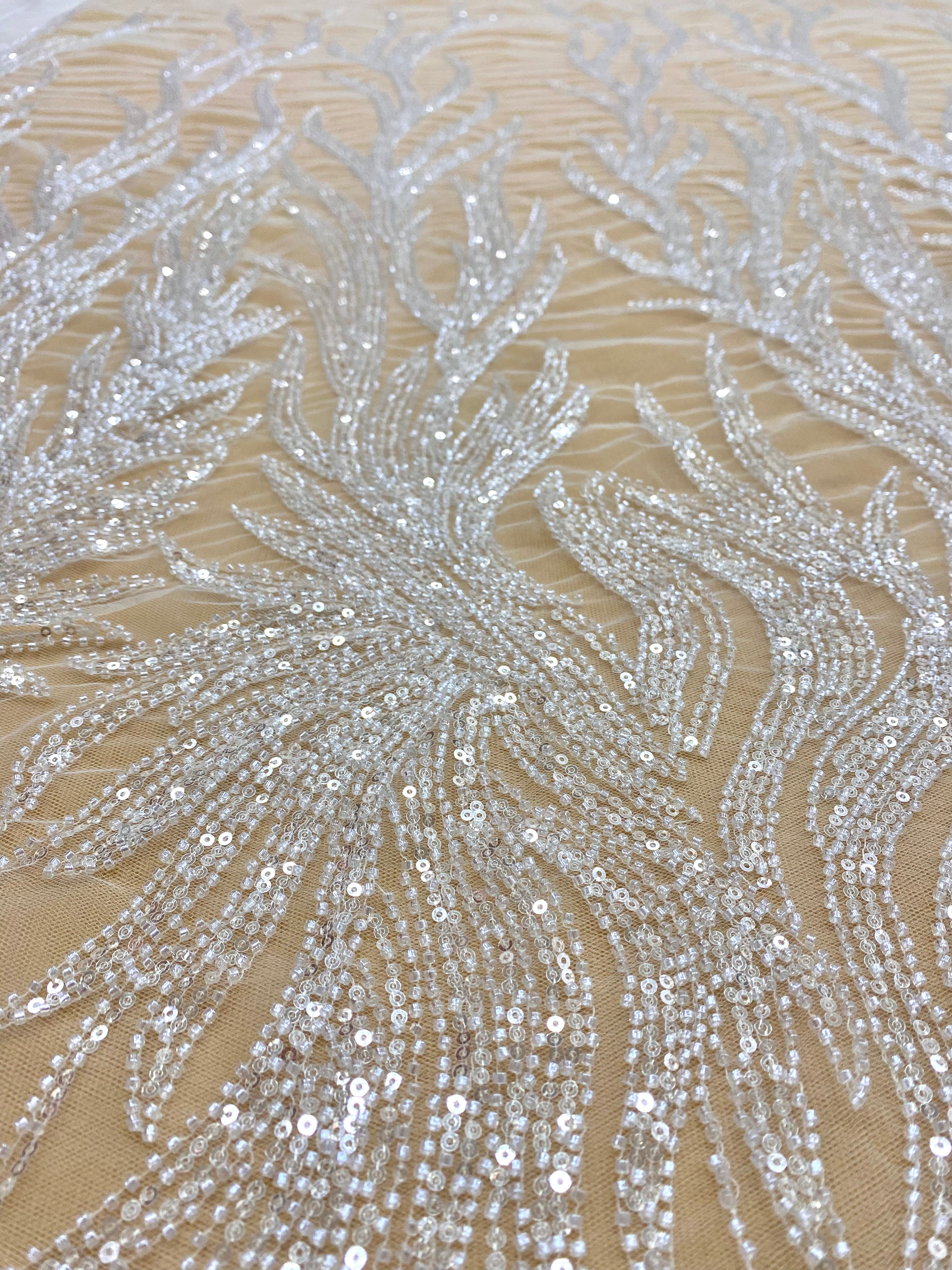 Silver Lace with Linear Pattern, with Pearls and Sequins
