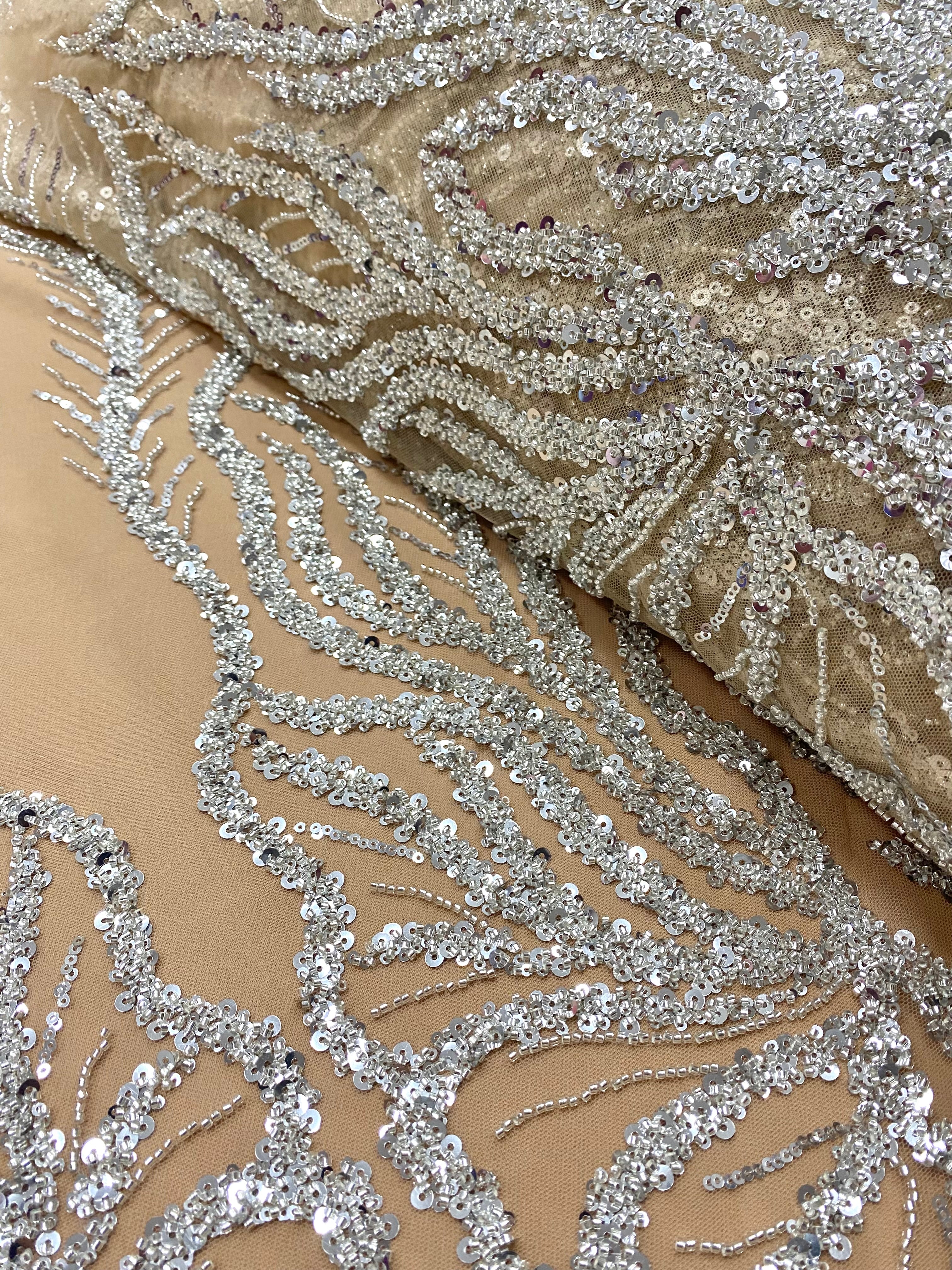Silver Couture Lace on Nude Tulle with Panel, Beading and Sequins