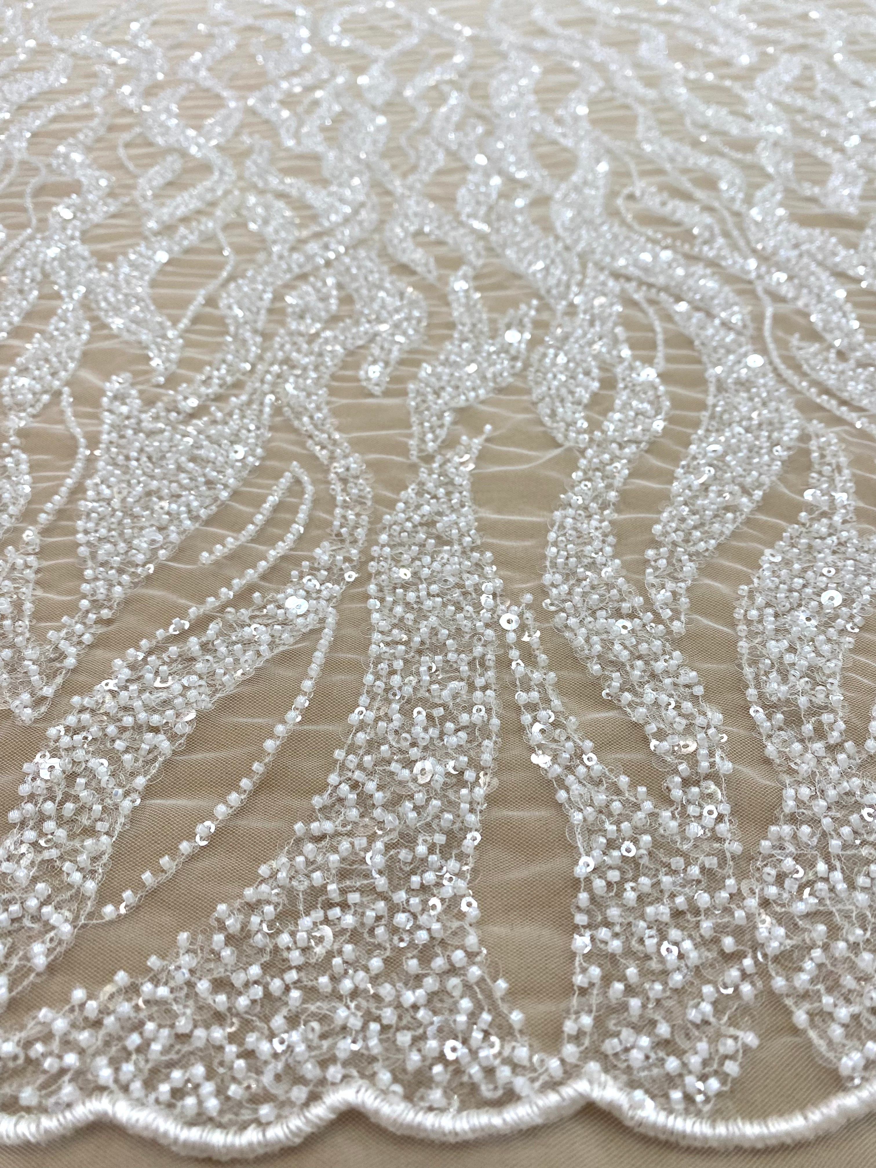 Silver Lace with Nude Tulle with Linear Pattern, Beads and Sequins