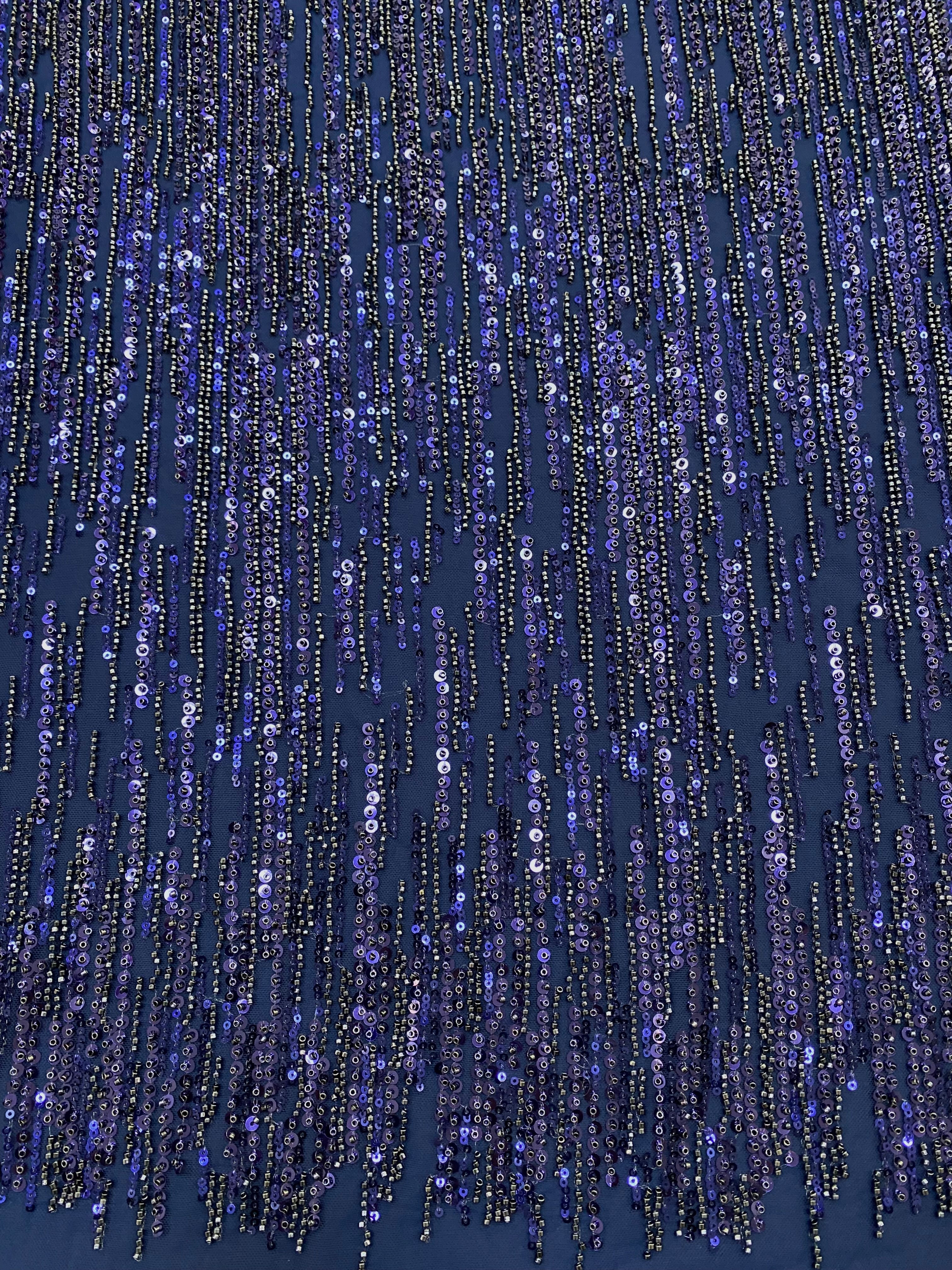 Navy Blue Couture Lace with Linear Pattern, Beads and Sequins