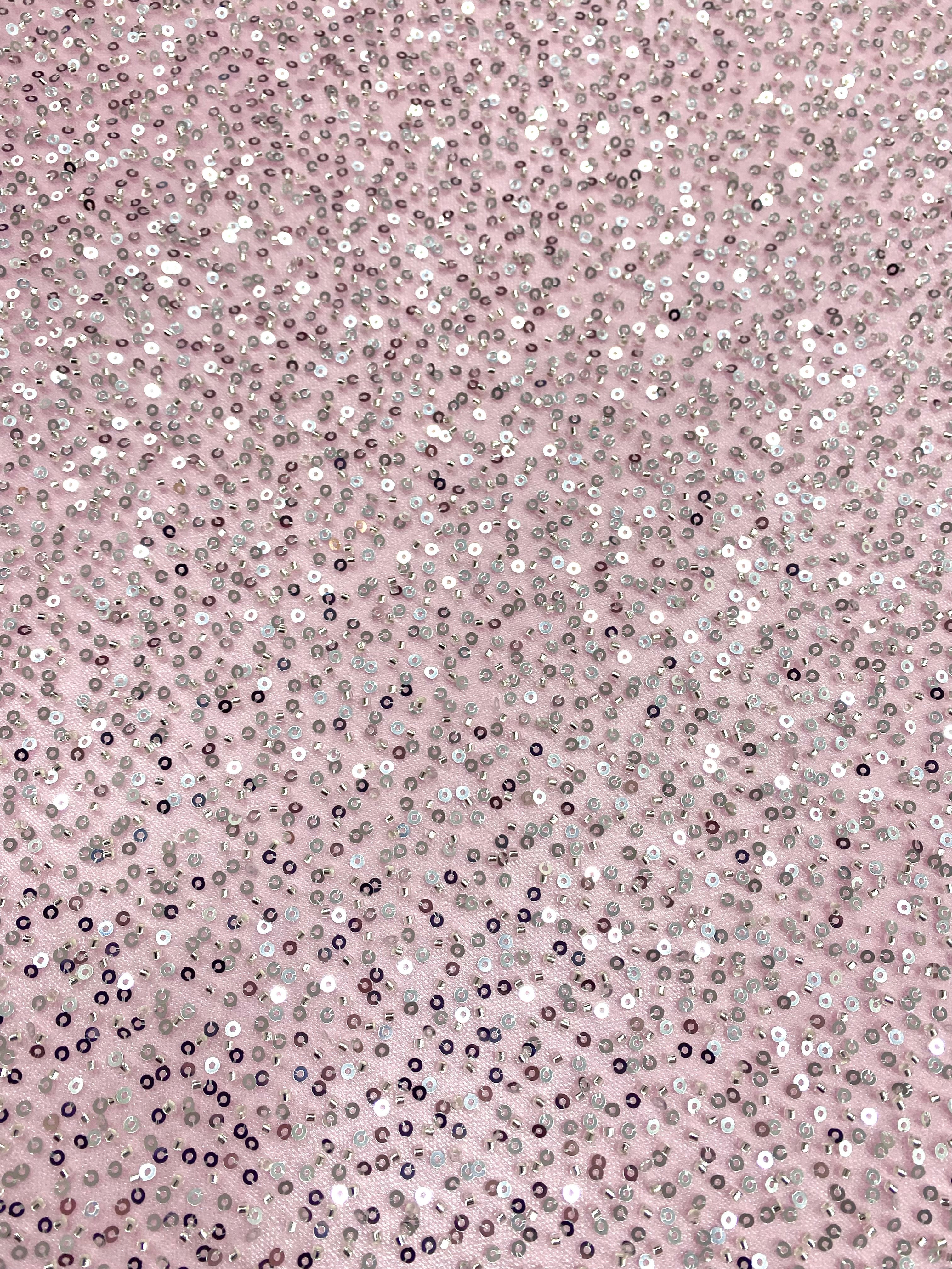Silver Couture Lace on Pink Tulle with General Pattern, with Beads and Sequins