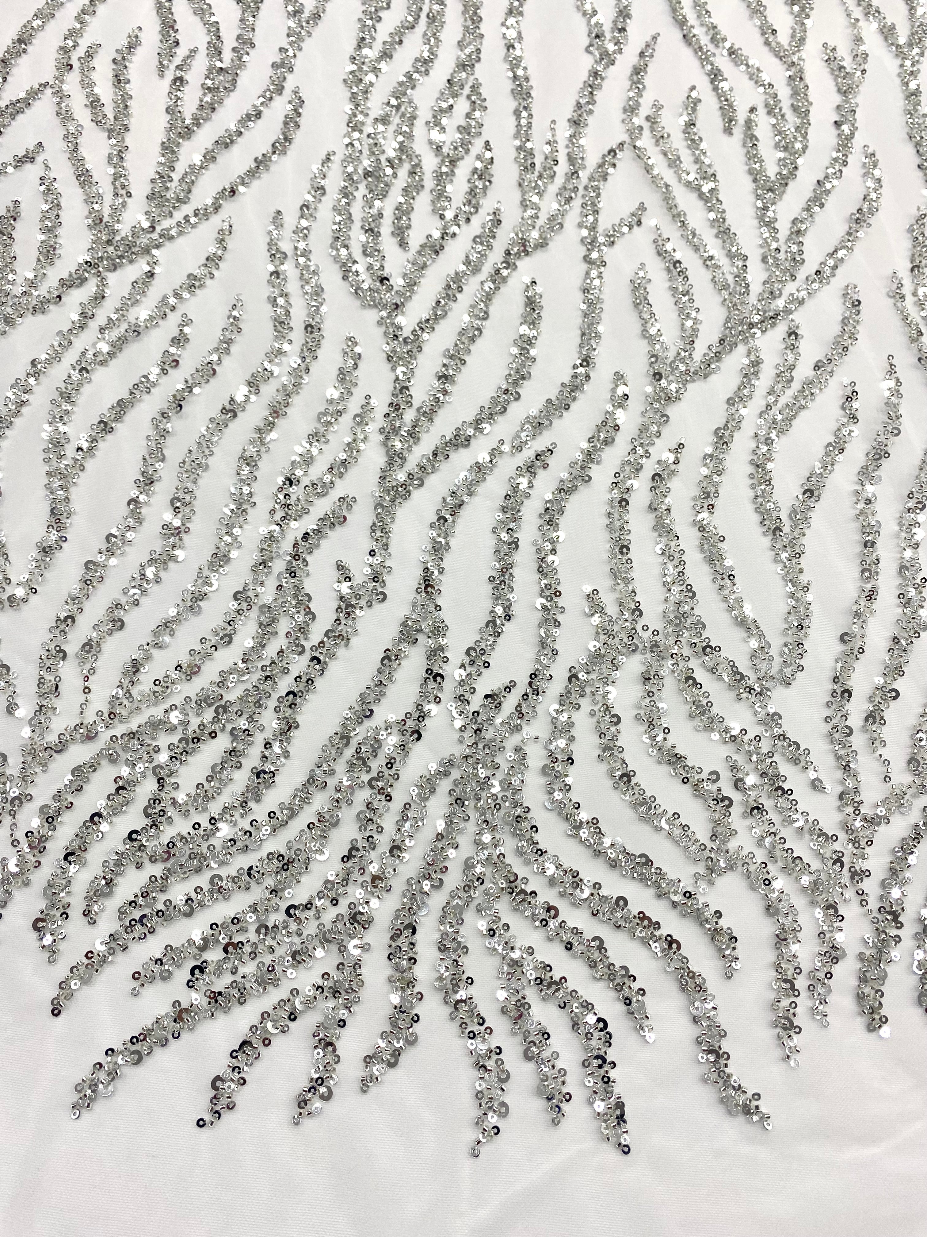 Silver Couture Lace on Ivory Tulle with Strings, Beads and Sequins