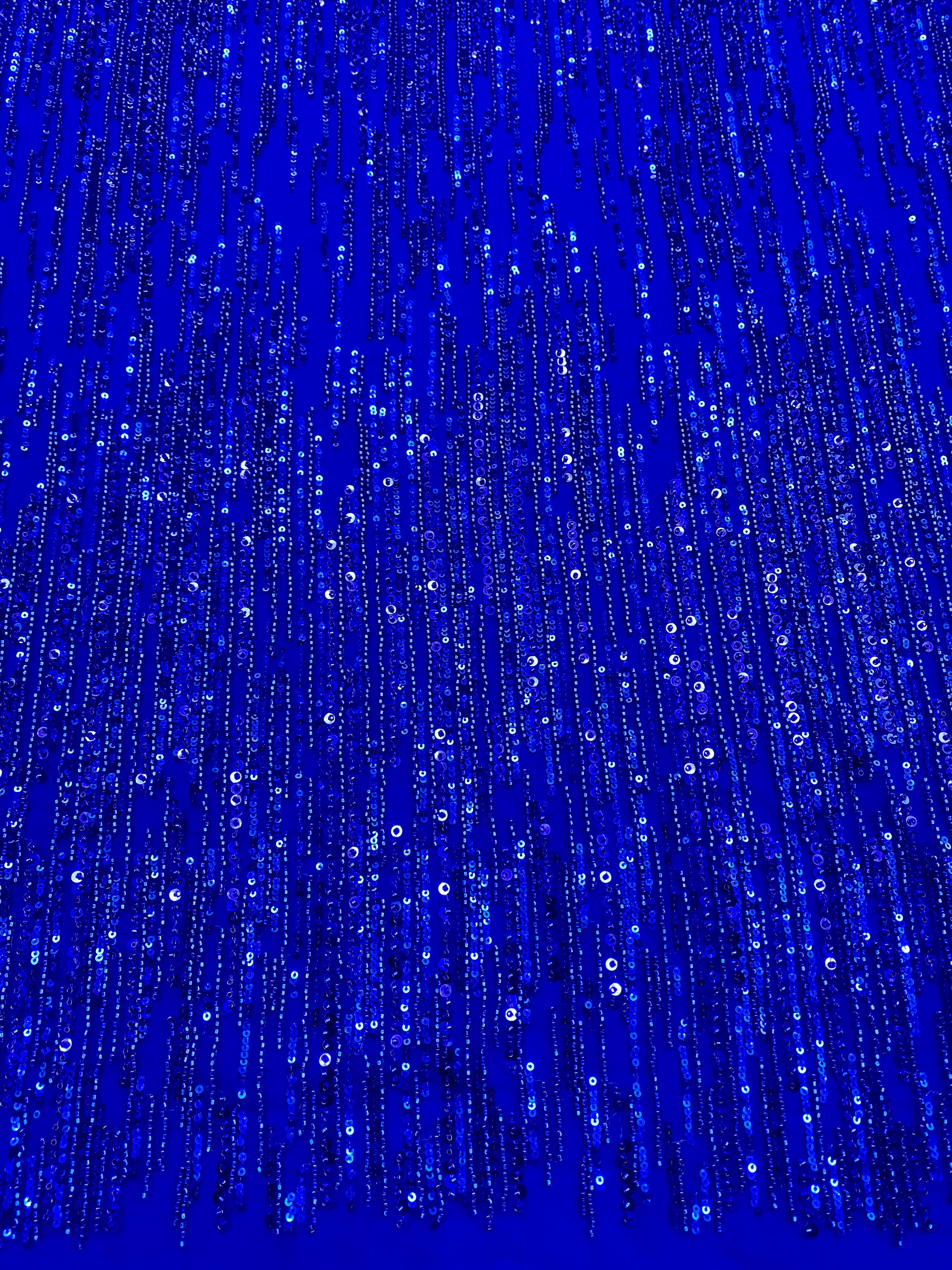 Royal Blue Couture Lace with Linear Pattern, Beads and Sequins