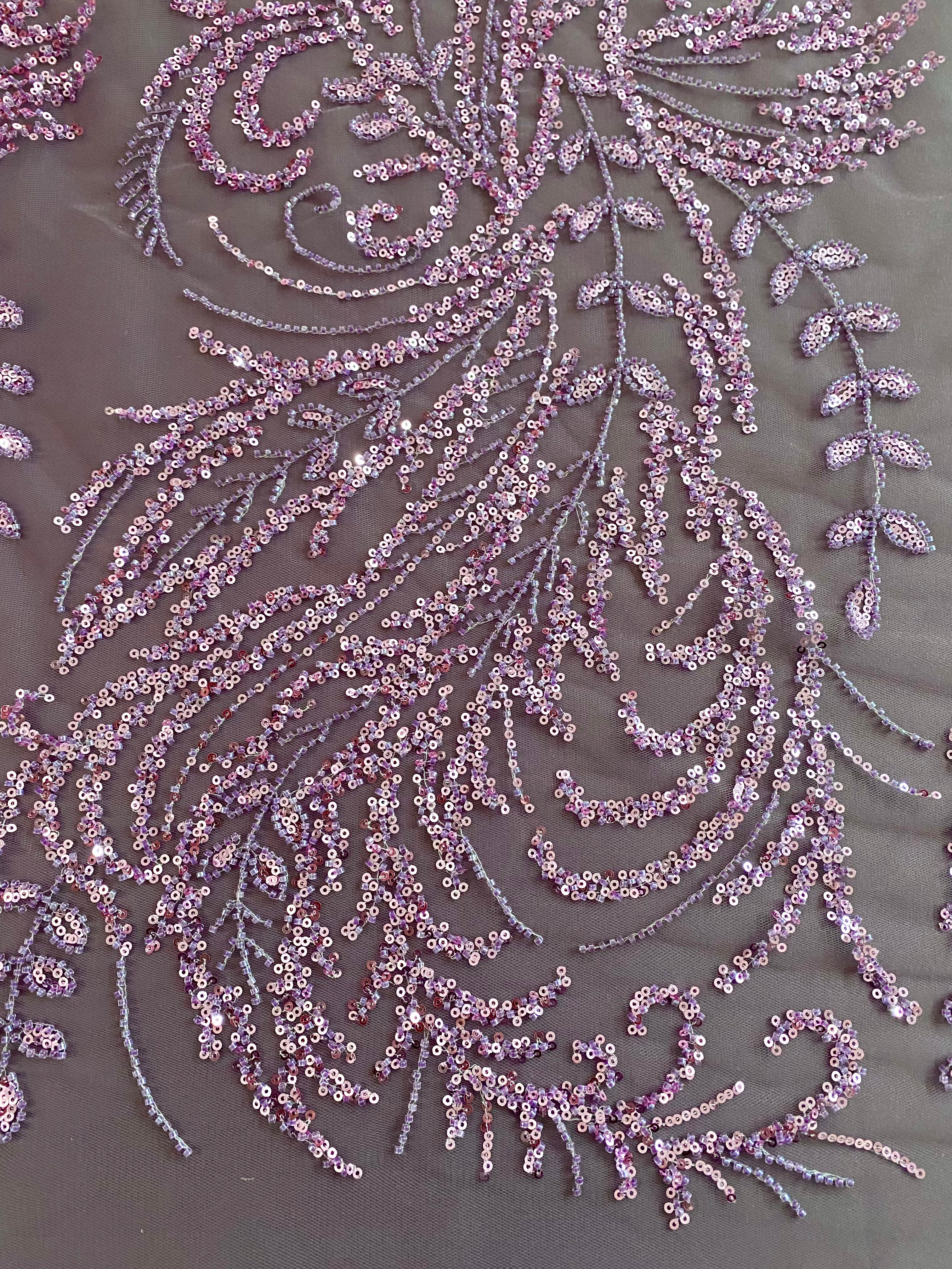 Dantela Couture Lavanda Pudrata cu Model Floral, cu Margele si Paiete