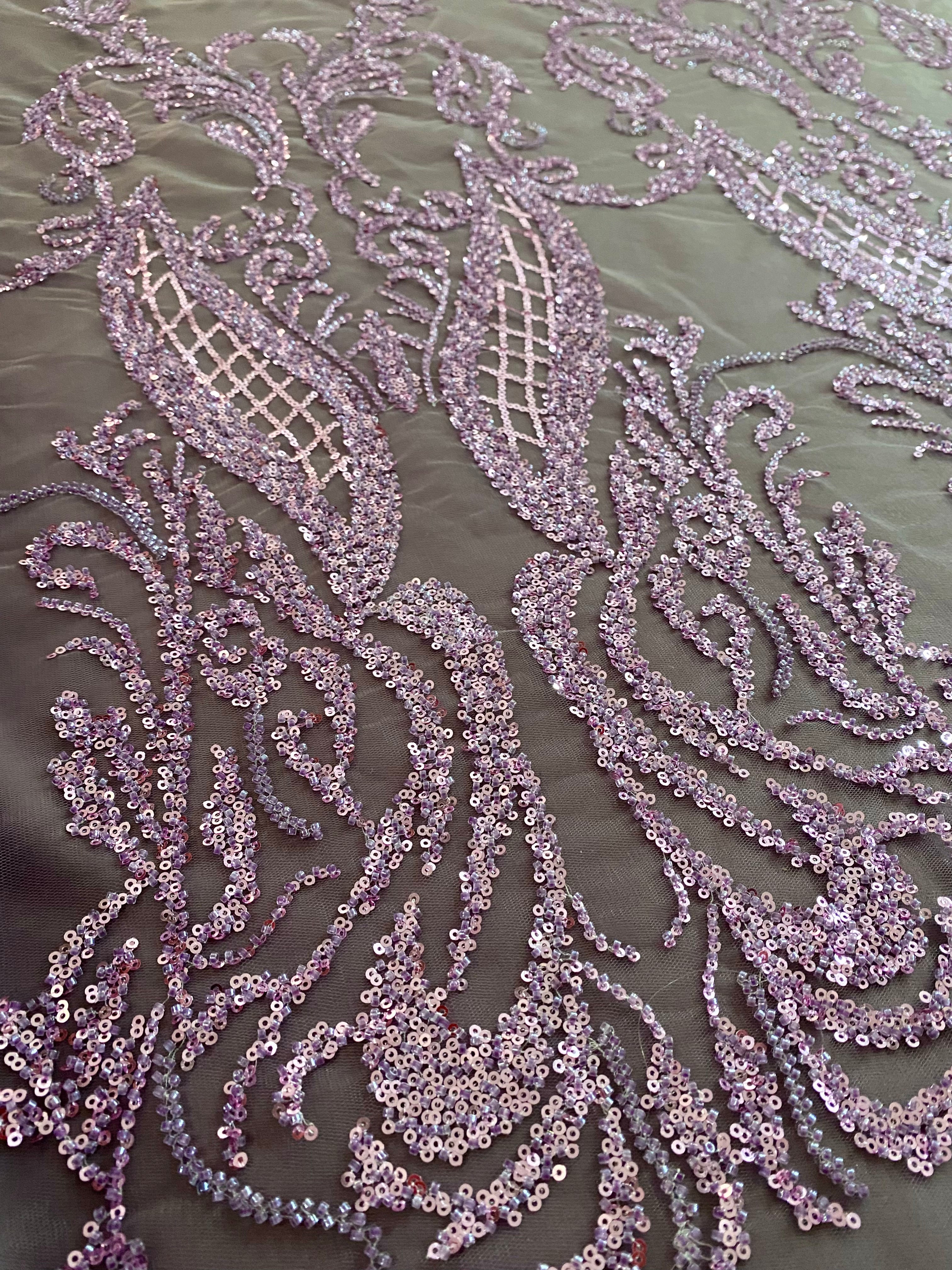 Powder Couture Lace with Geometric Pattern, with Beads and Sequins