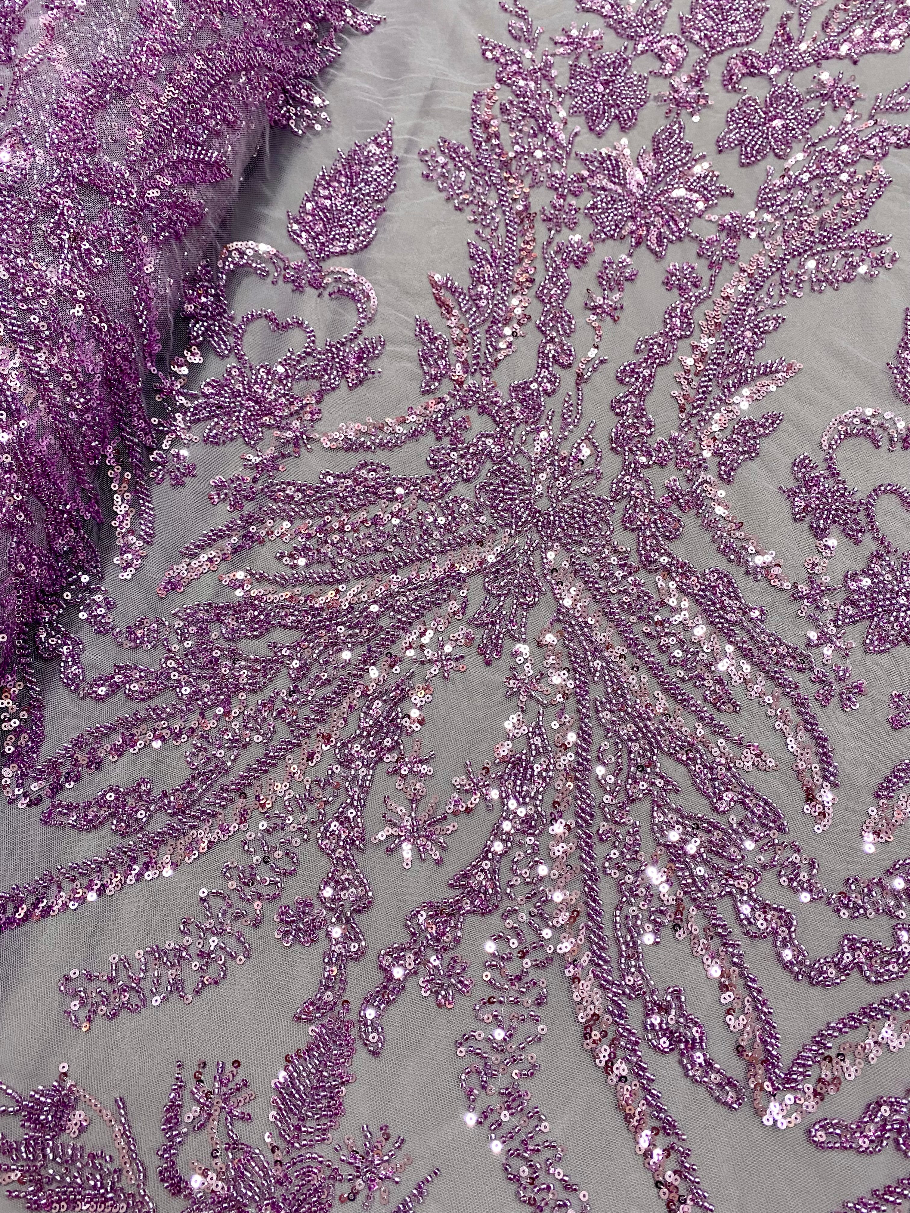 Couture Powder Lace with Floral Pattern, Beads and Sequins