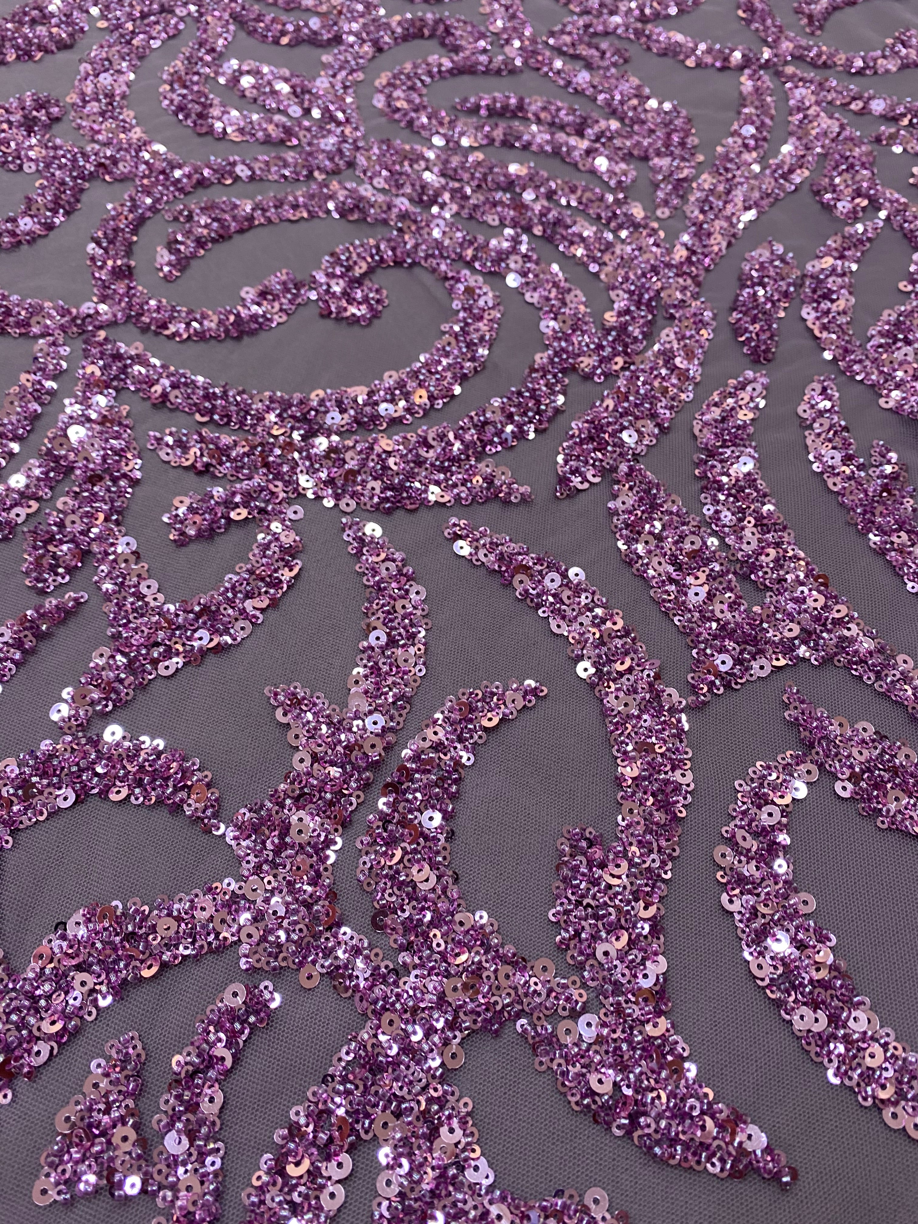 Dantela Couture Lavanda Pudrata cu Model Geometric, cu Margele si Paiete