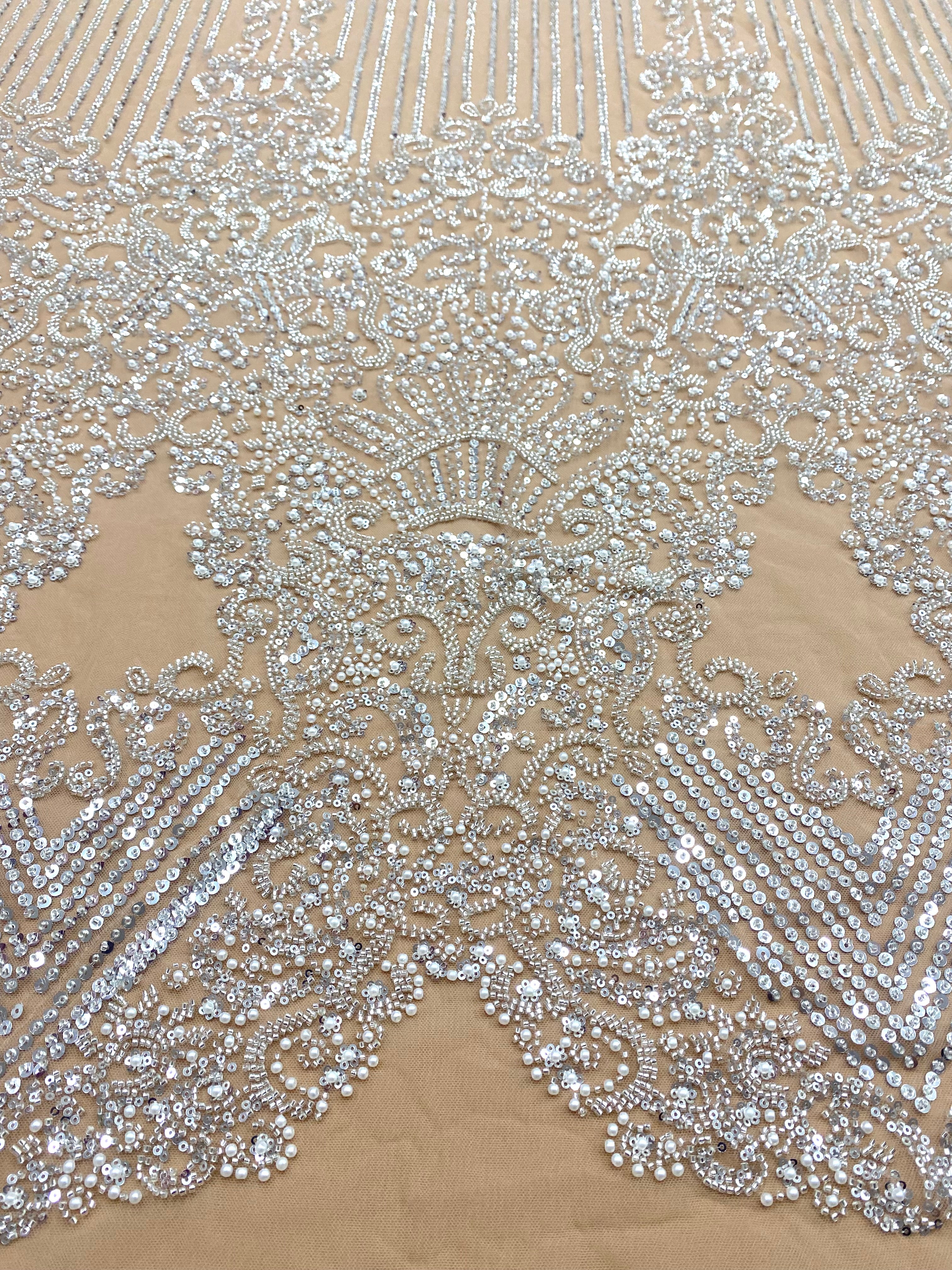 Silver Couture Lace on Nude Tulle with Geometric Pattern, with Pearls, Beads and Sequins