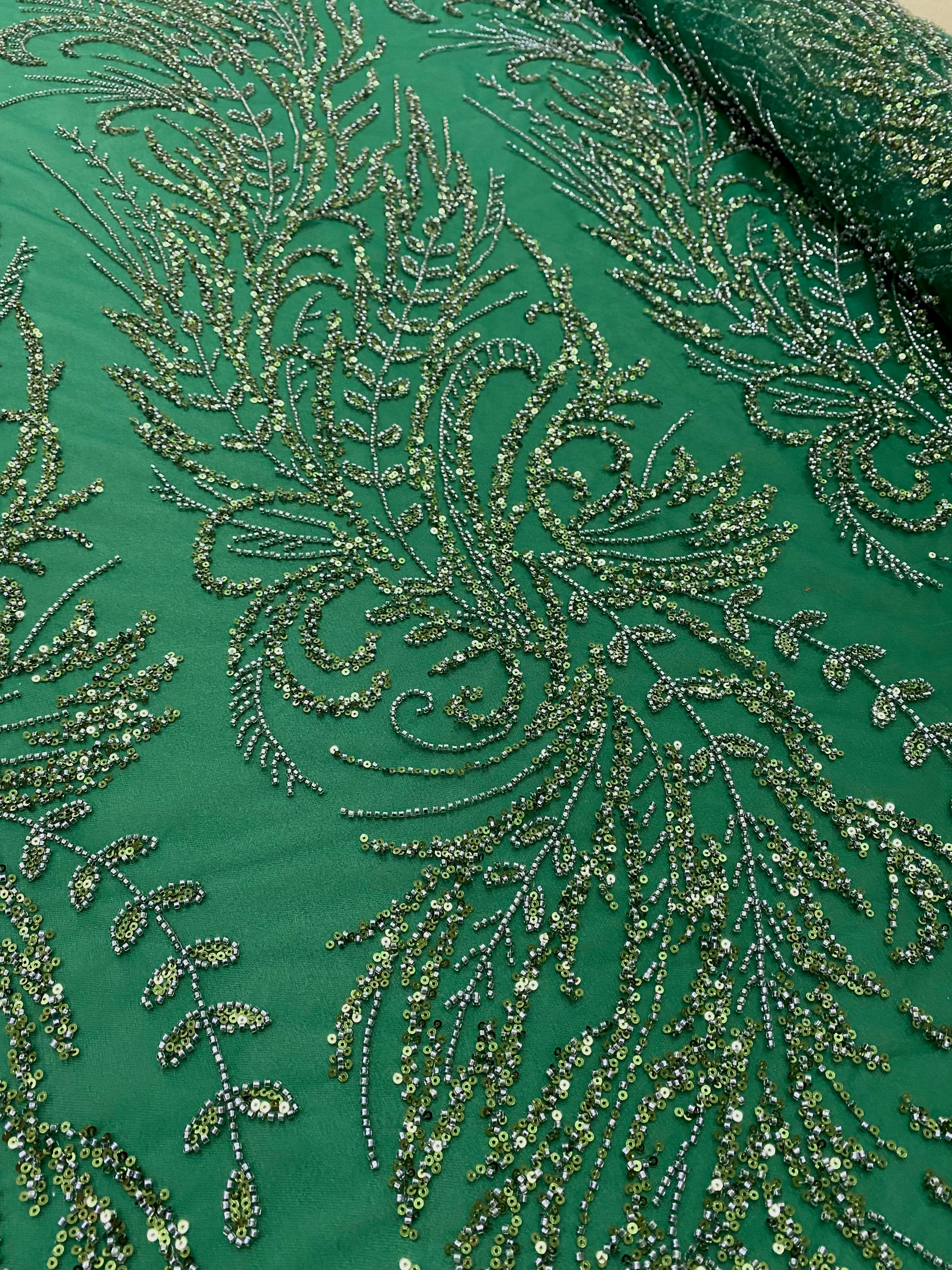 Dantela Couture Verde Smarald cu Model Floral, cu Margele si Paiete