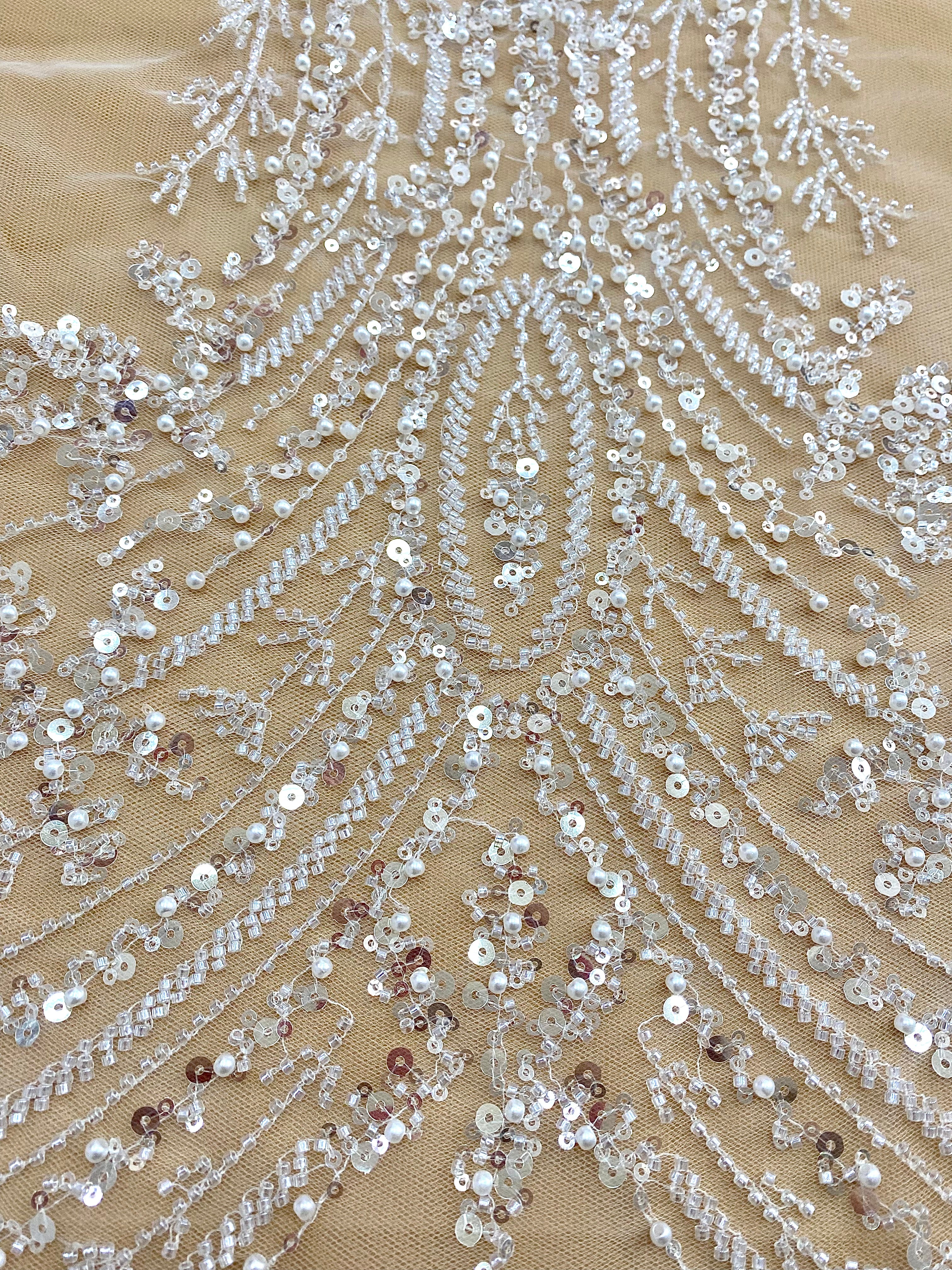 Silver Lace with Linear Pattern, with Pearls and Sequins