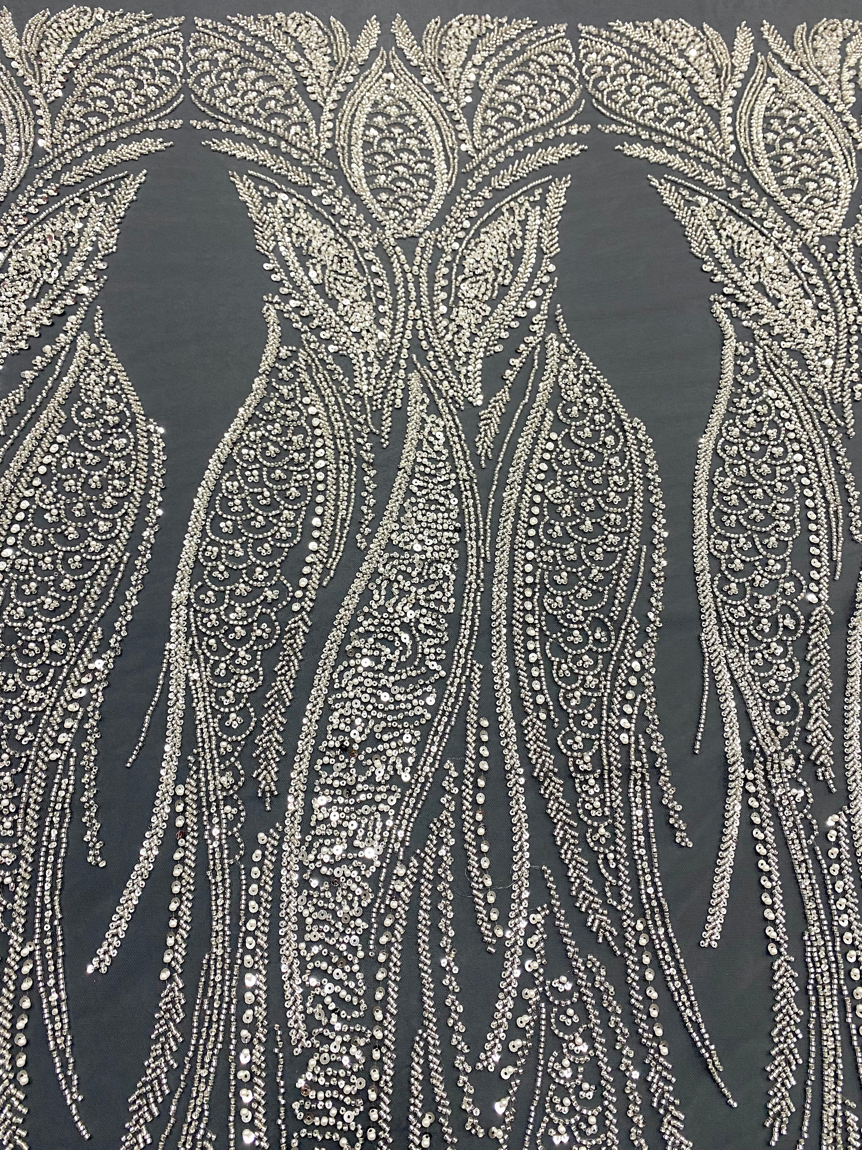 Silver Couture Lace on Anthracite Tulle with Panel, with Pearls, Beads and Sequins