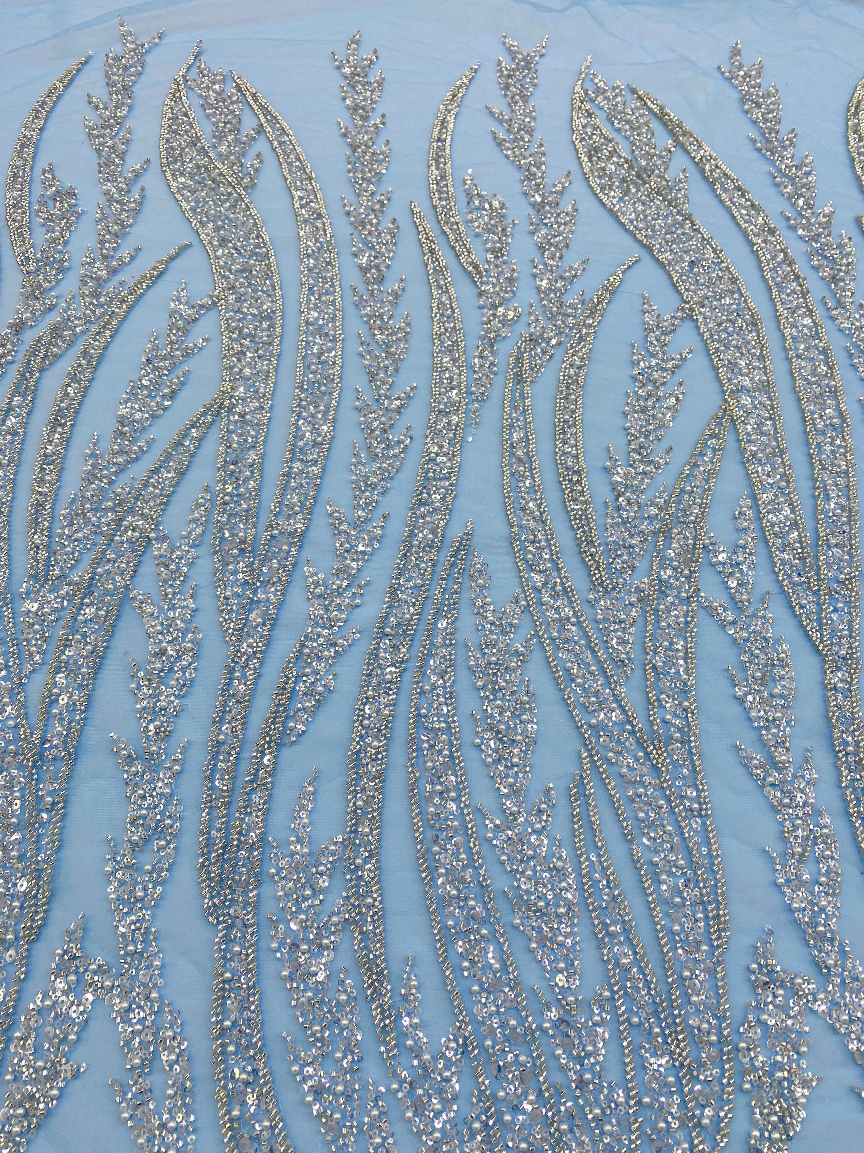 Silver Couture Lace on Blue Tulle with Panel, with Pearls, Beads and Sequins
