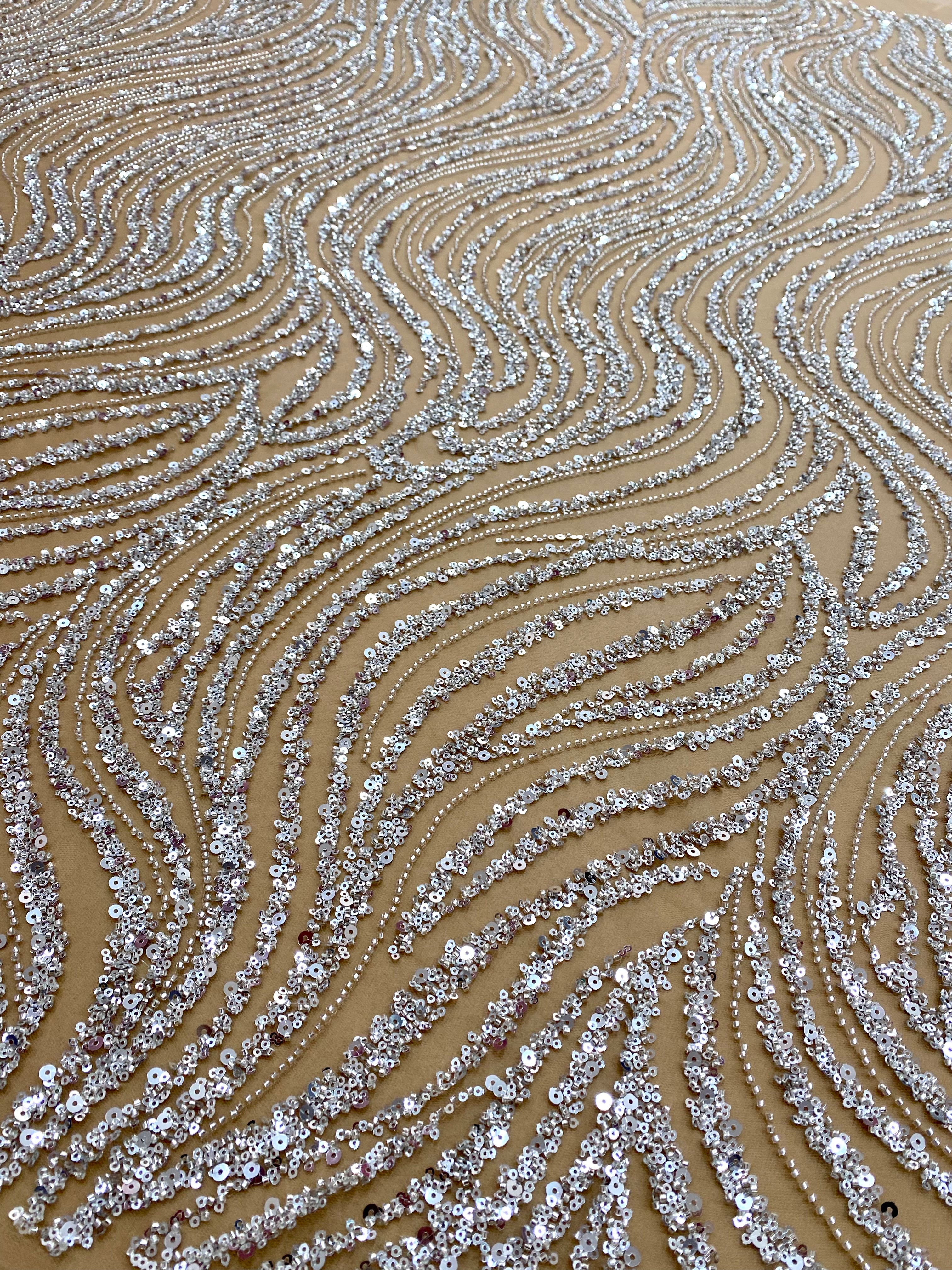 Silver Lace with Linear Pattern, with Pearls and Sequins