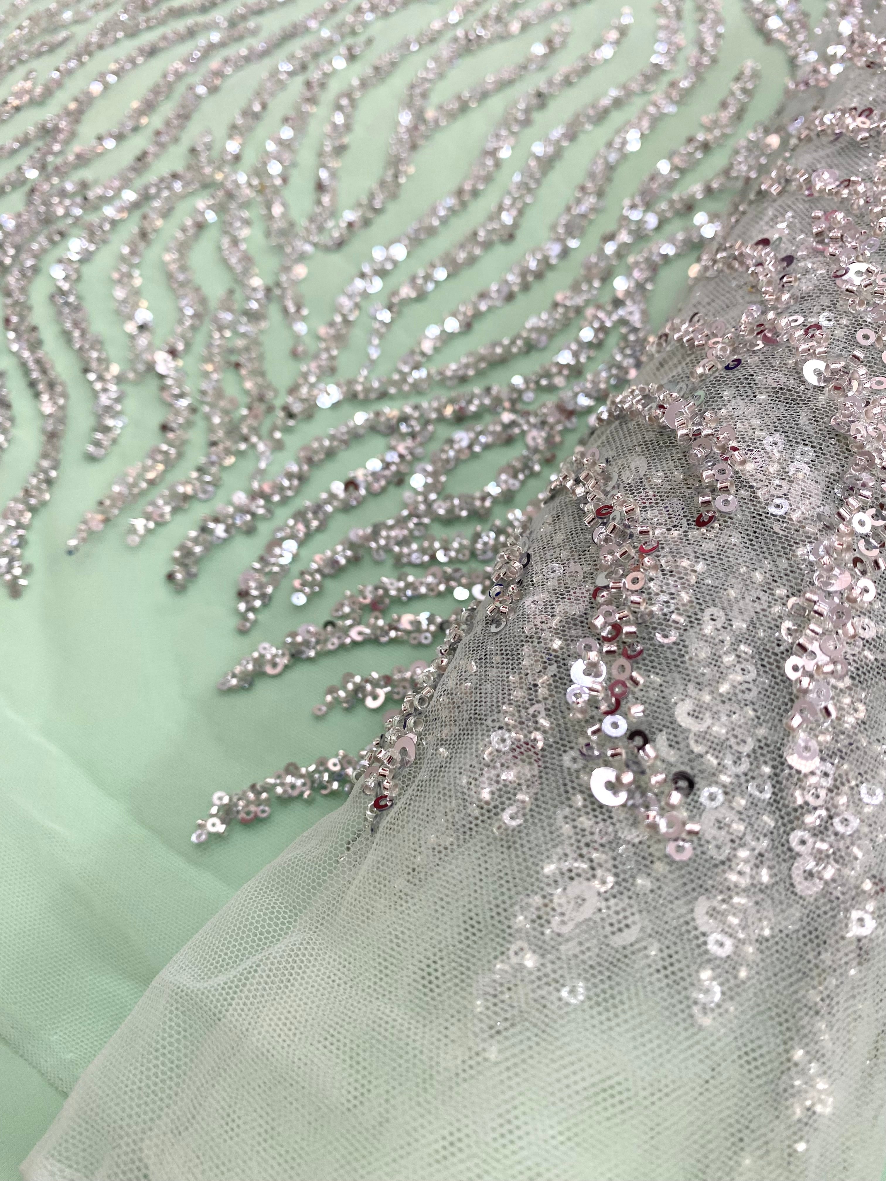 Silver Couture Lace on Mint Green Tulle with Strings, Beads and Sequins