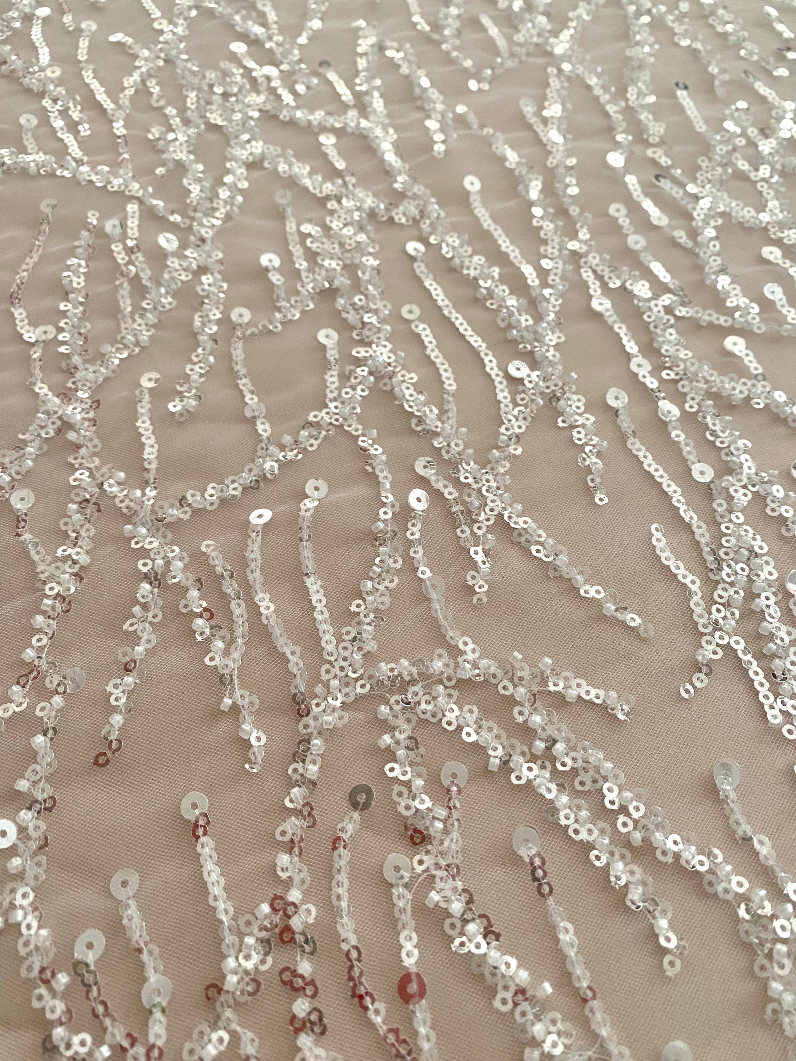 Silver Lace with Linear Pattern, with Pearls and Sequins