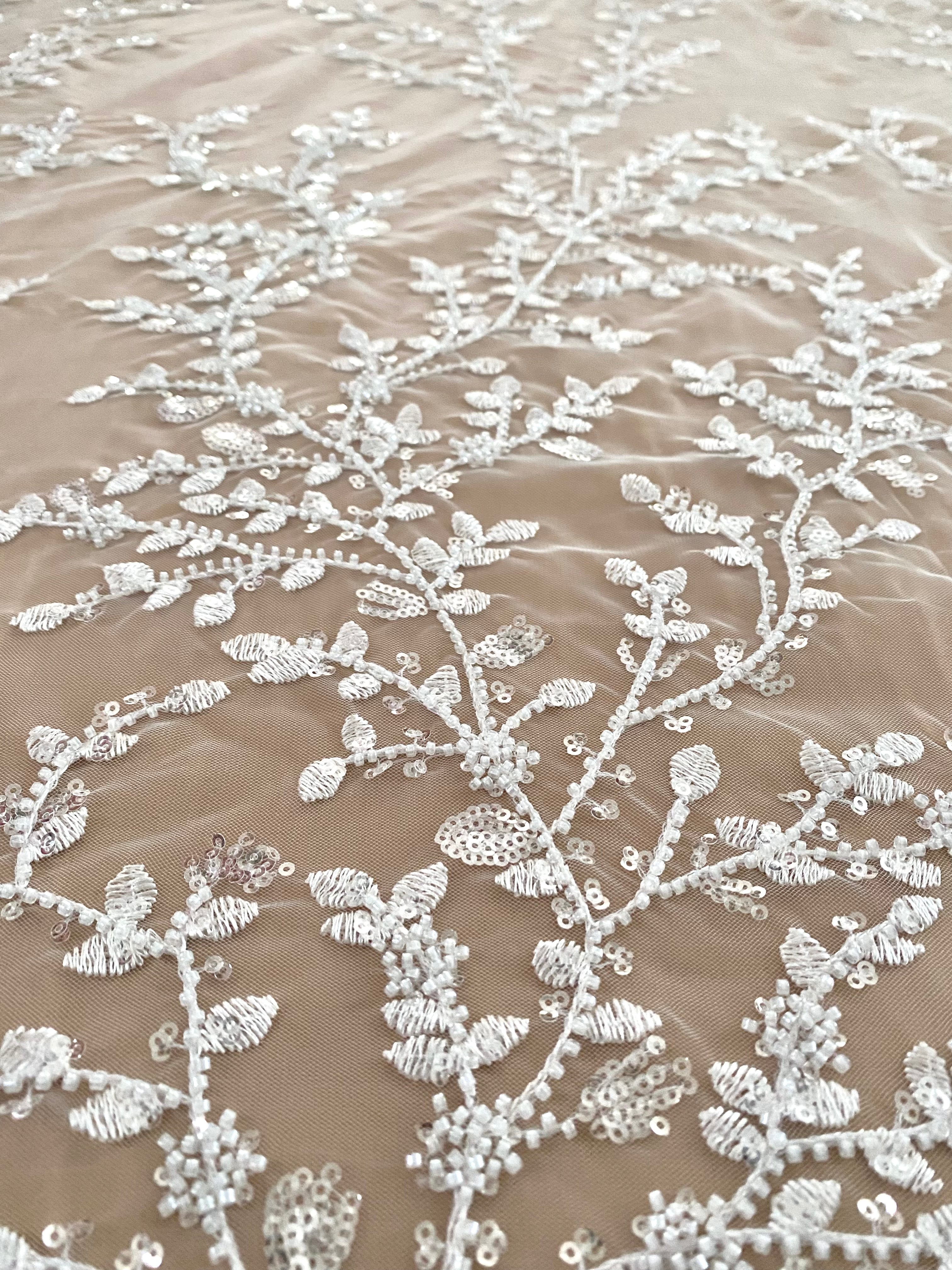 Silver Lace with Linear Pattern, with Pearls and Sequins