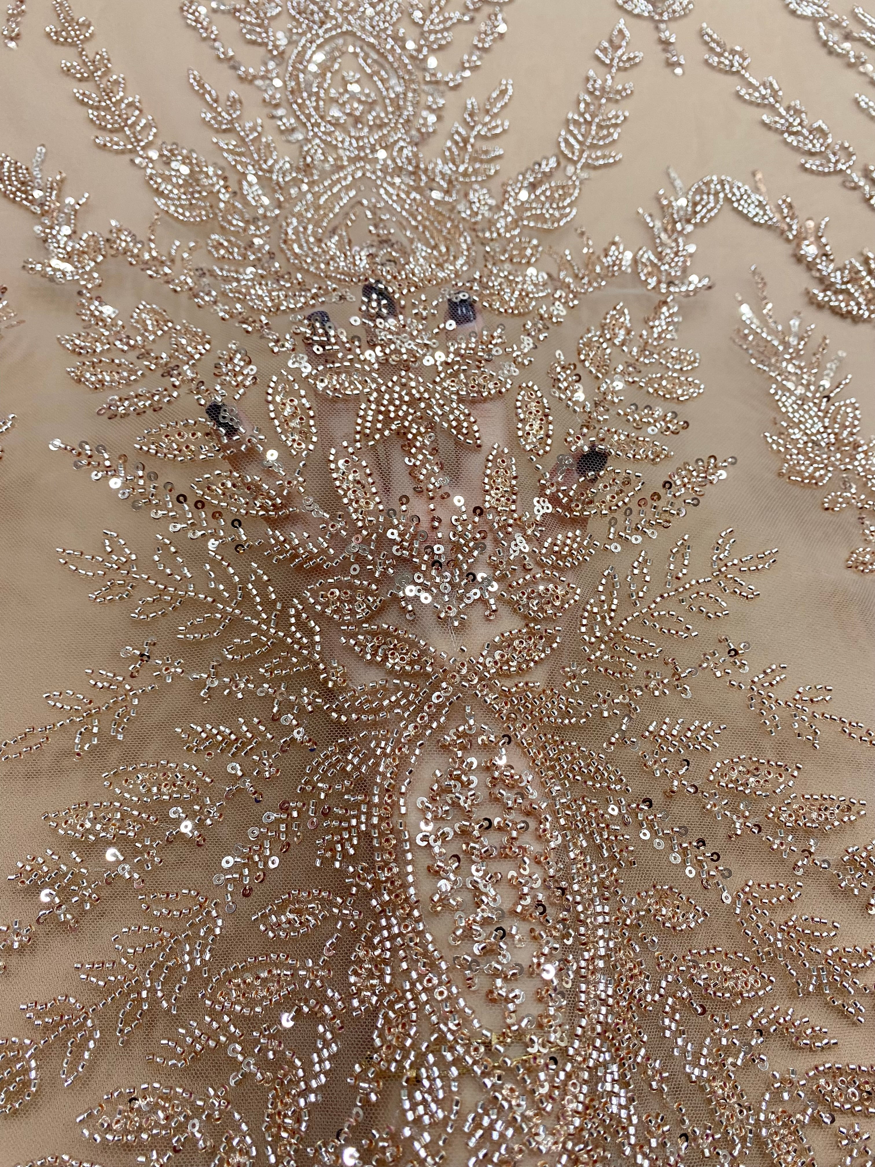 Rose Gold Couture Lace with Symmetrical Pattern, with Beads and Sequins 