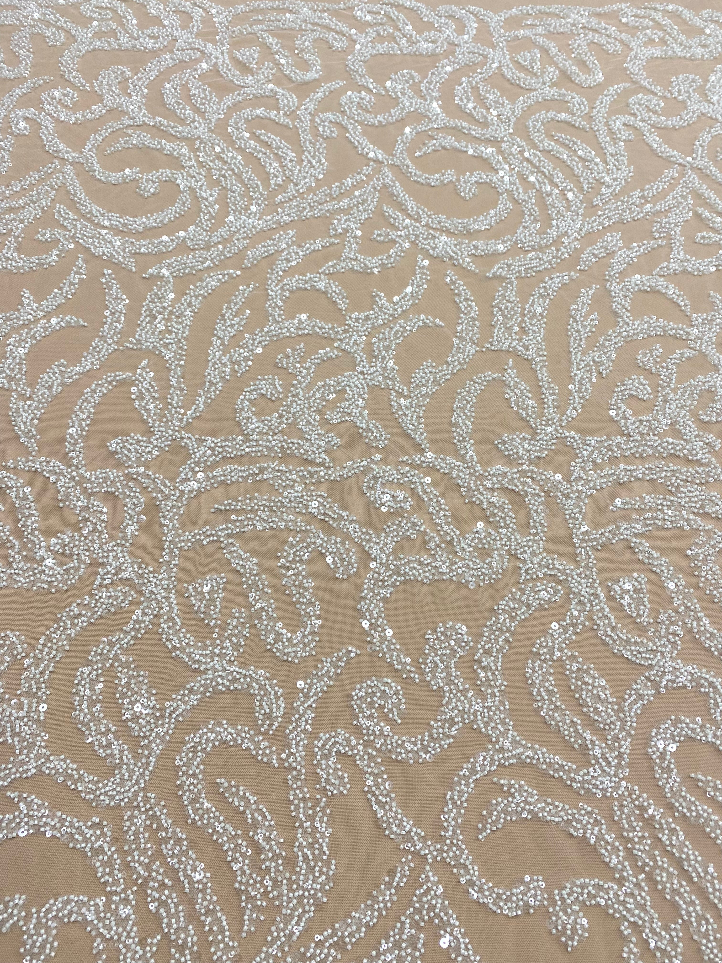 Dantela Couture Ivory cu Model Geometric, cu Margele si Paiete