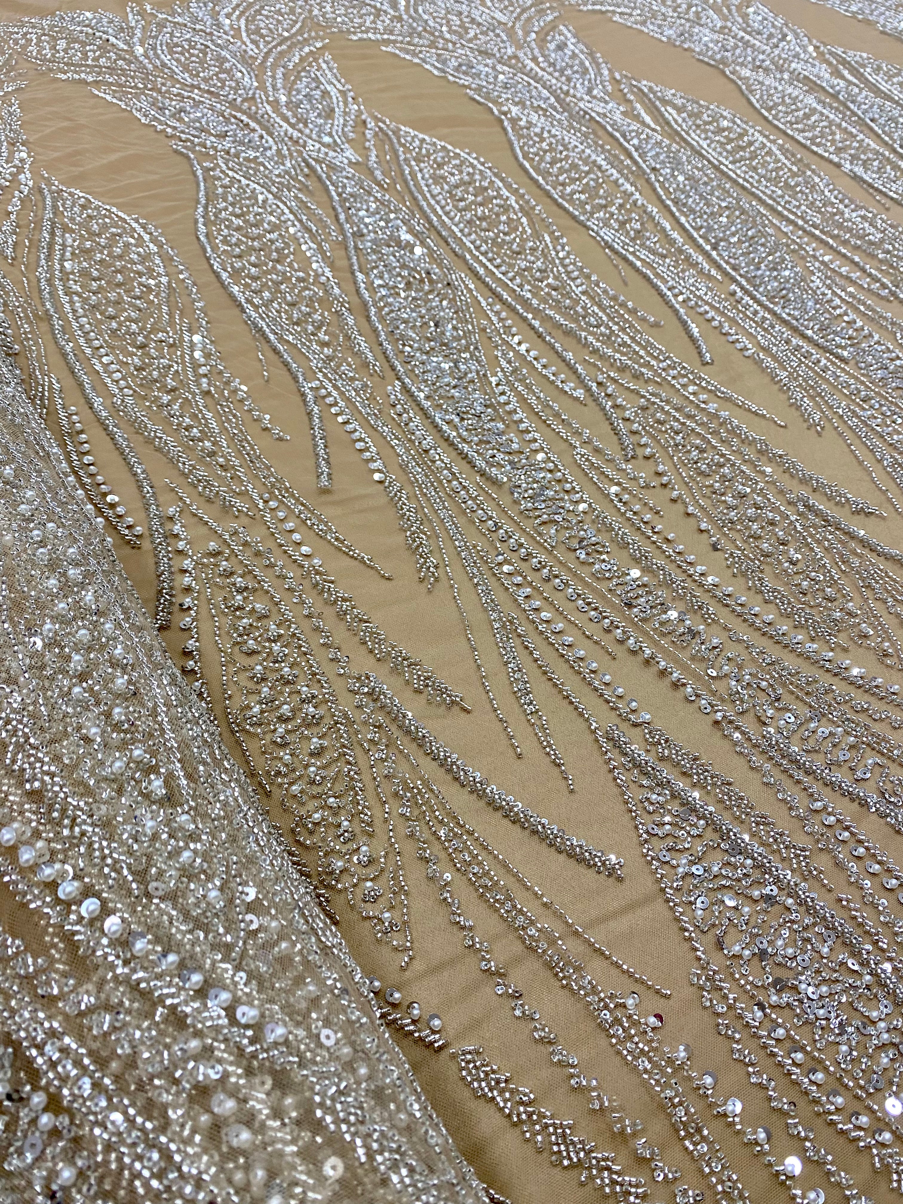 Silver Lace with Linear Pattern, with Pearls and Sequins