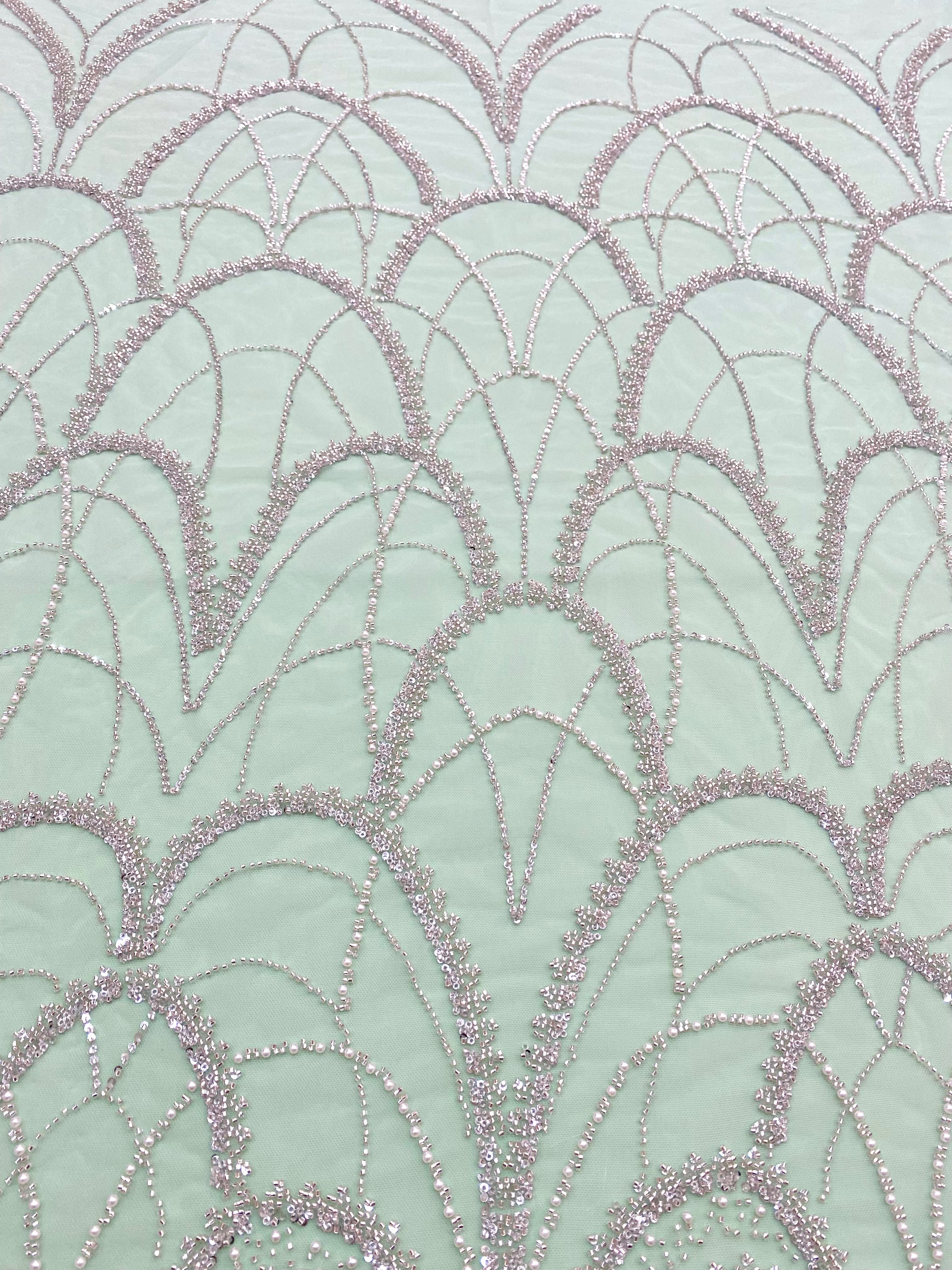 Silver Couture Lace on Mint Green Tulle with Geometric Pattern, with Pearls, Beads and Sequins