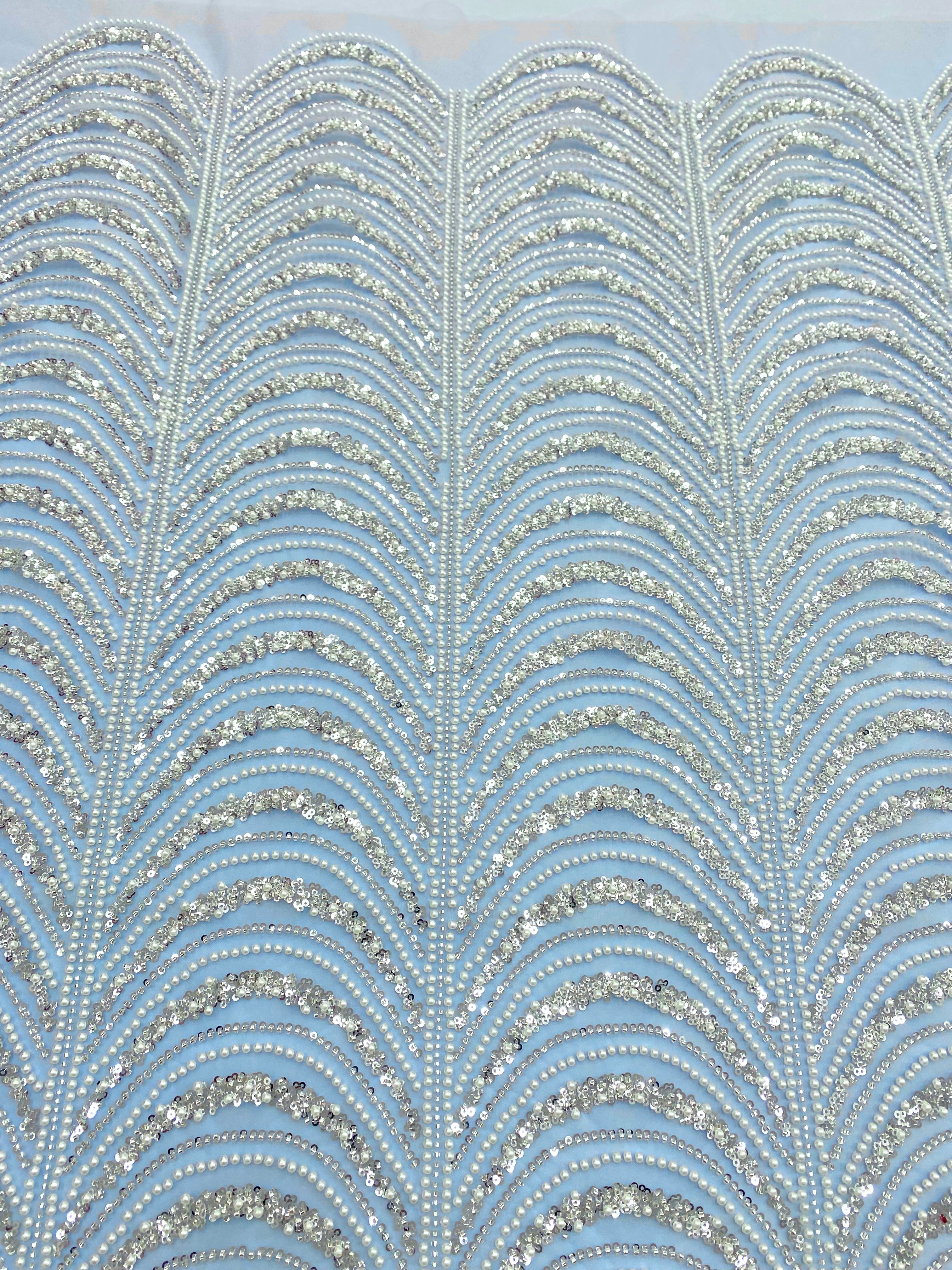 Silver Couture Lace on Blue Tulle, with Symmetrical Pattern, with Beads and Sequins 
