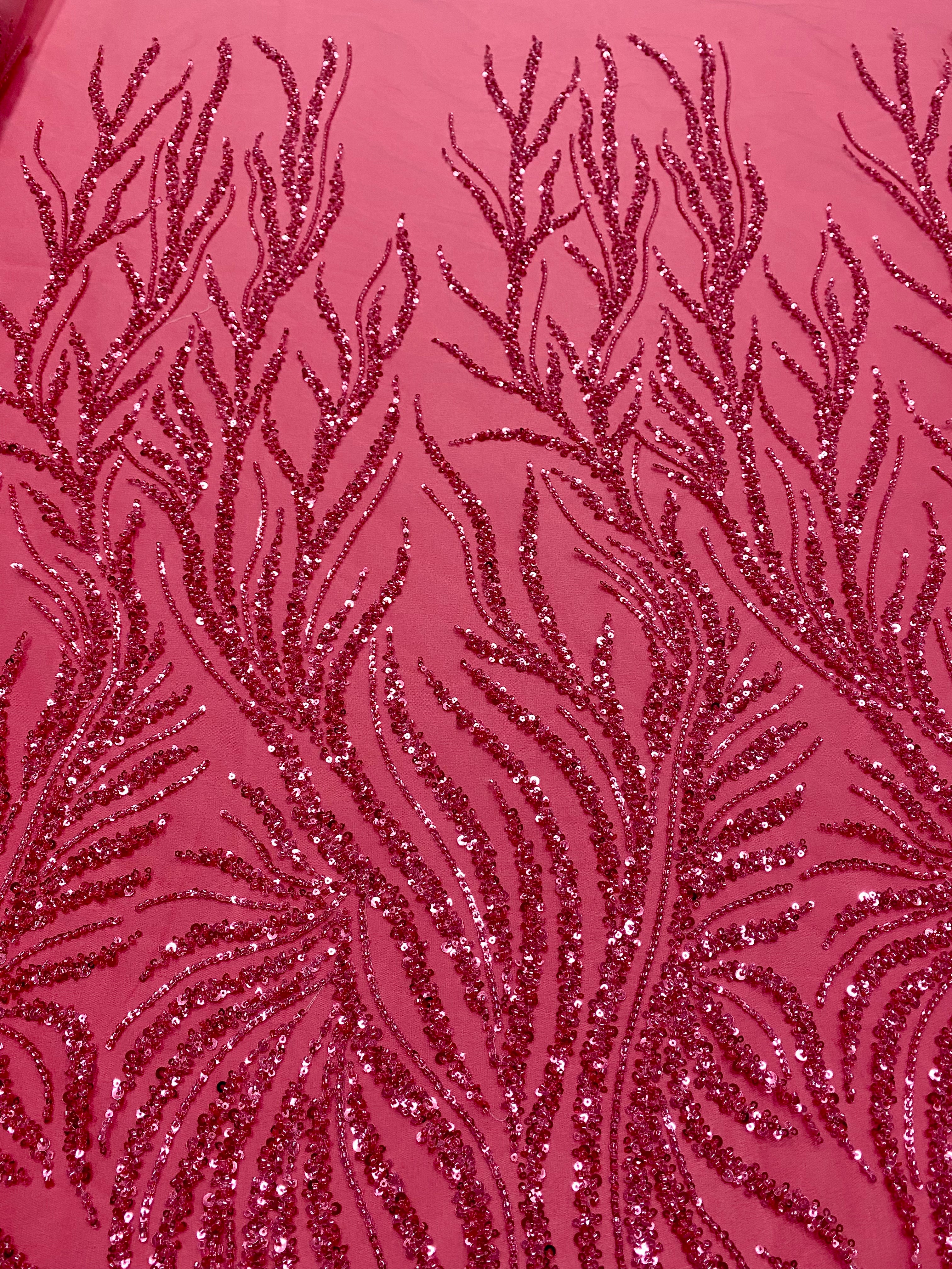 Dantela Couture Roz Coral cu Siraguri, cu Margele si Paiete