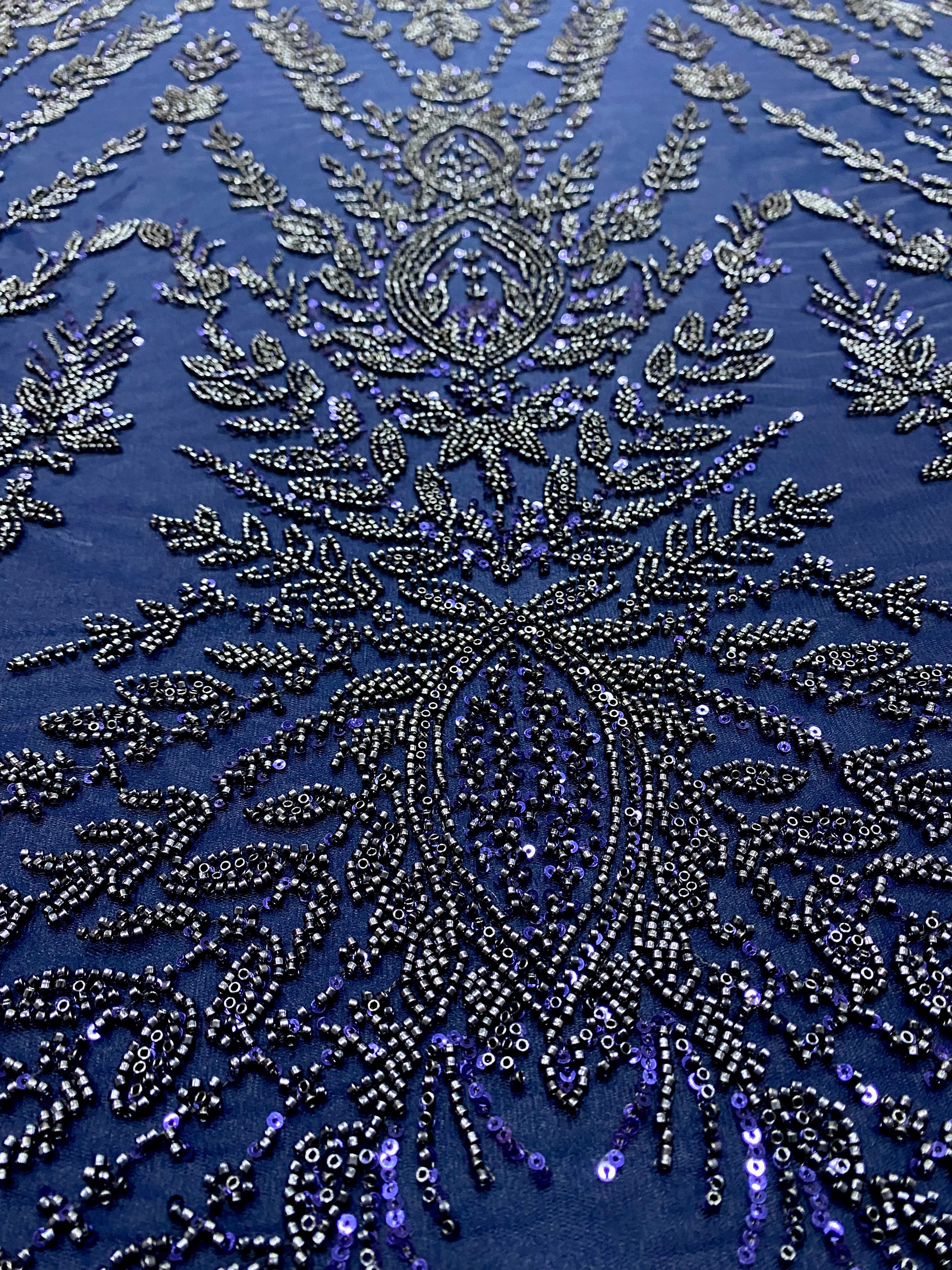 Navy Blue Couture Lace with Symmetrical Pattern, with Beads and Sequins 