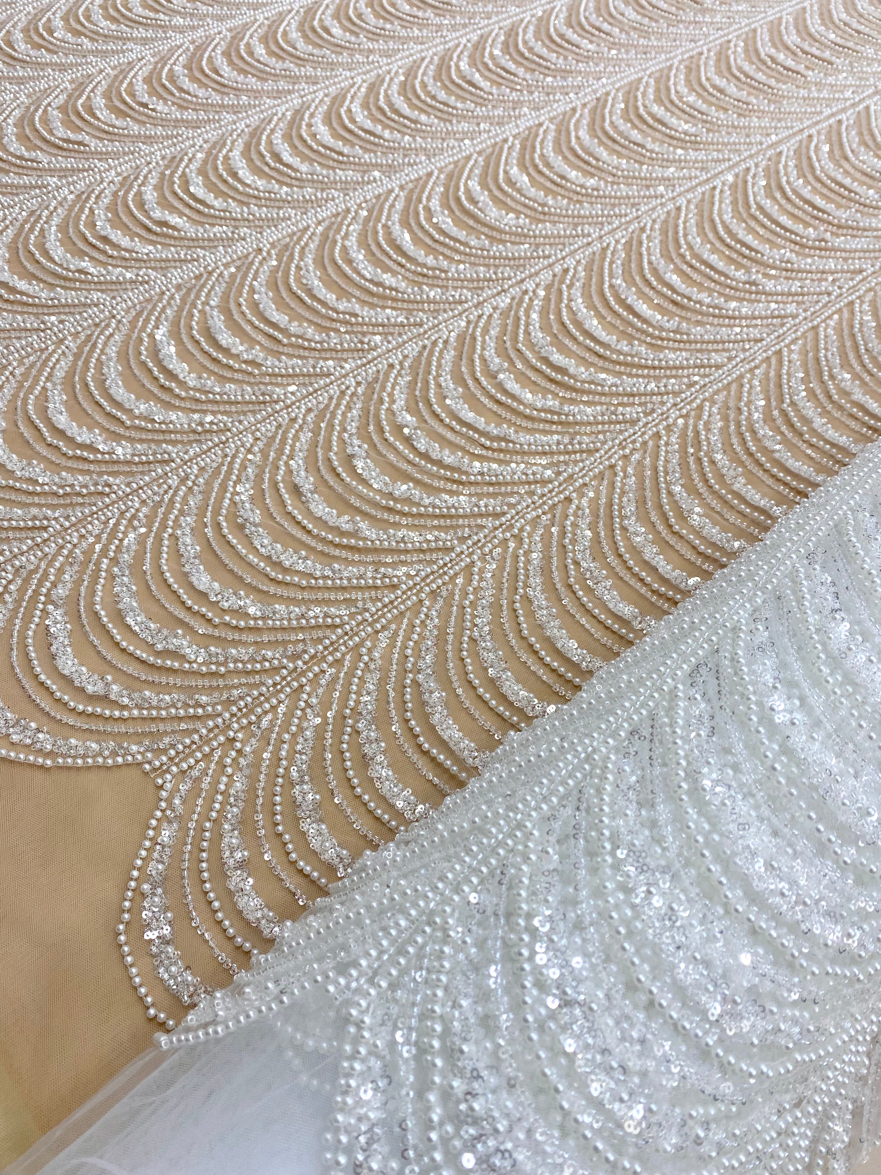 Silver Lace with Linear Pattern, with Pearls and Sequins