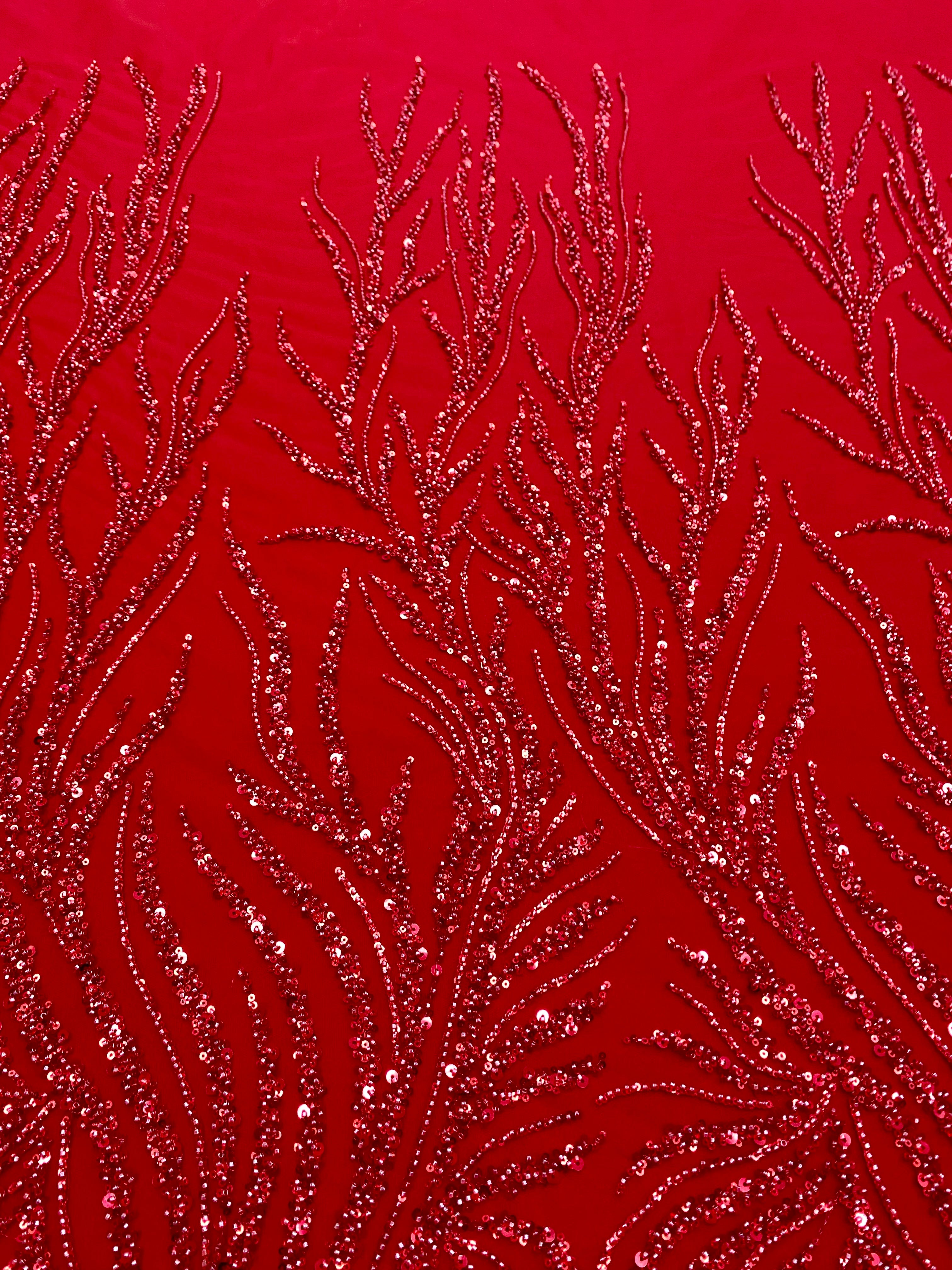 Red Couture Lace with Strings, Beads and Sequins