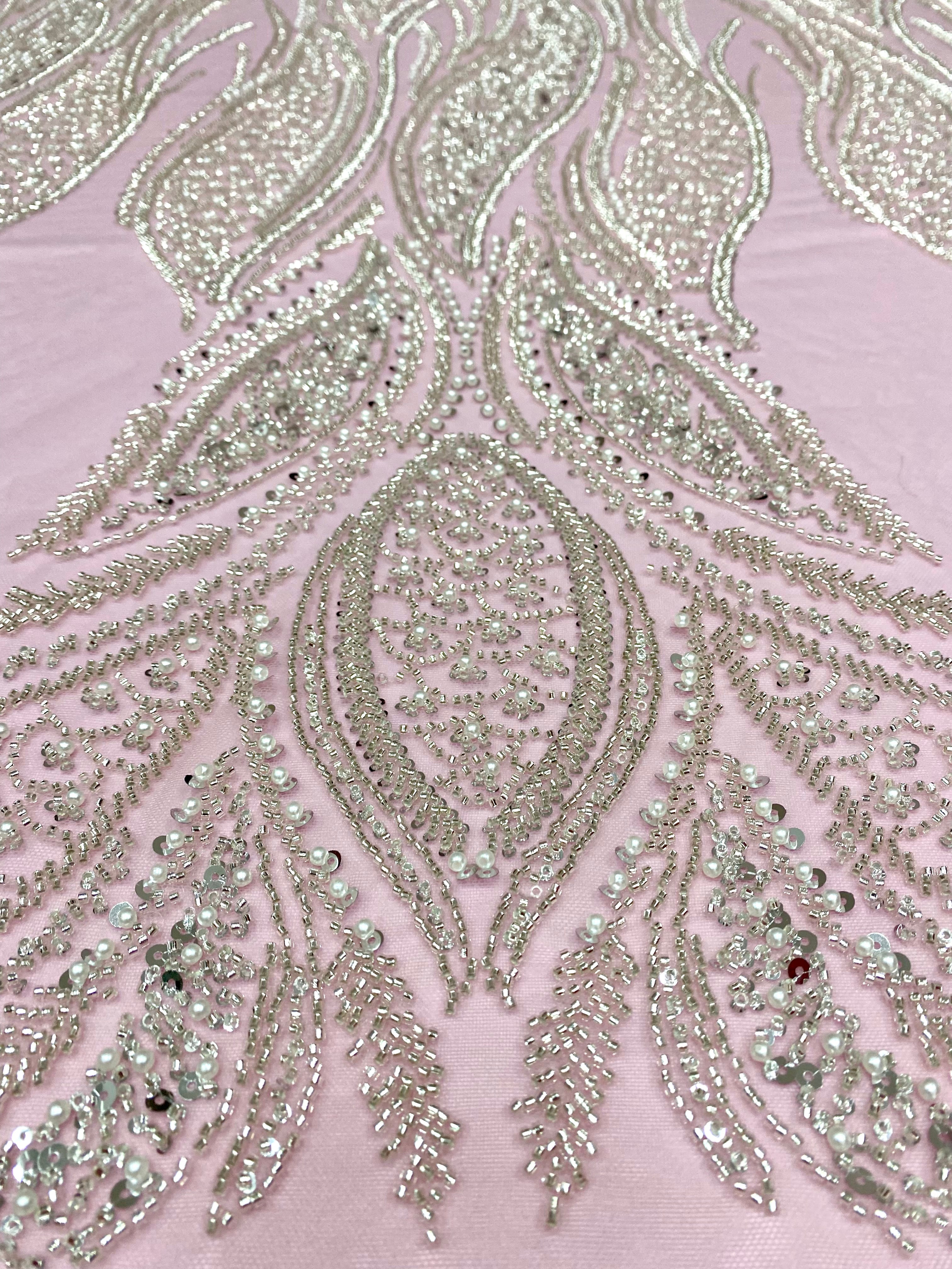 Silver Lace with Linear Pattern, with Pearls and Sequins