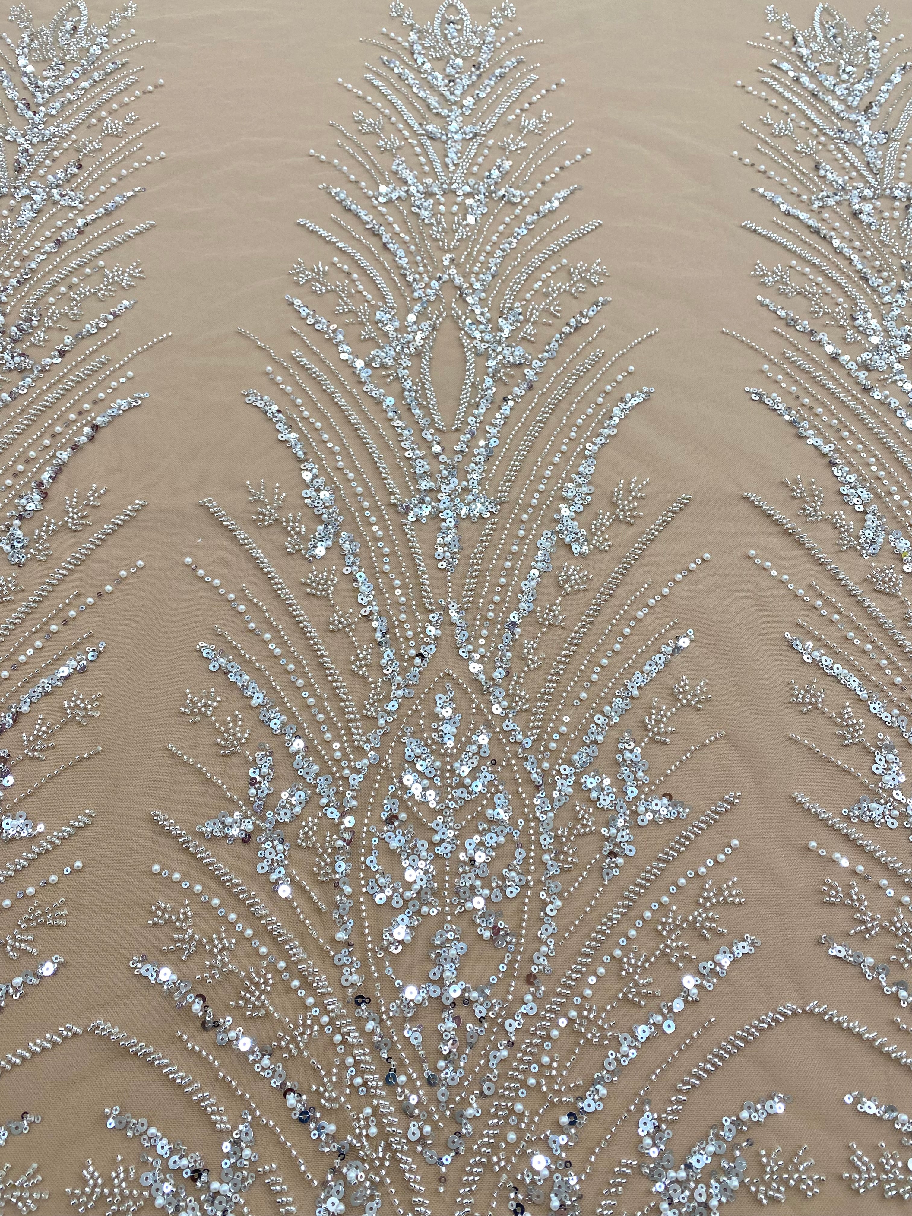 Silver Lace with Linear Pattern, with Pearls and Sequins