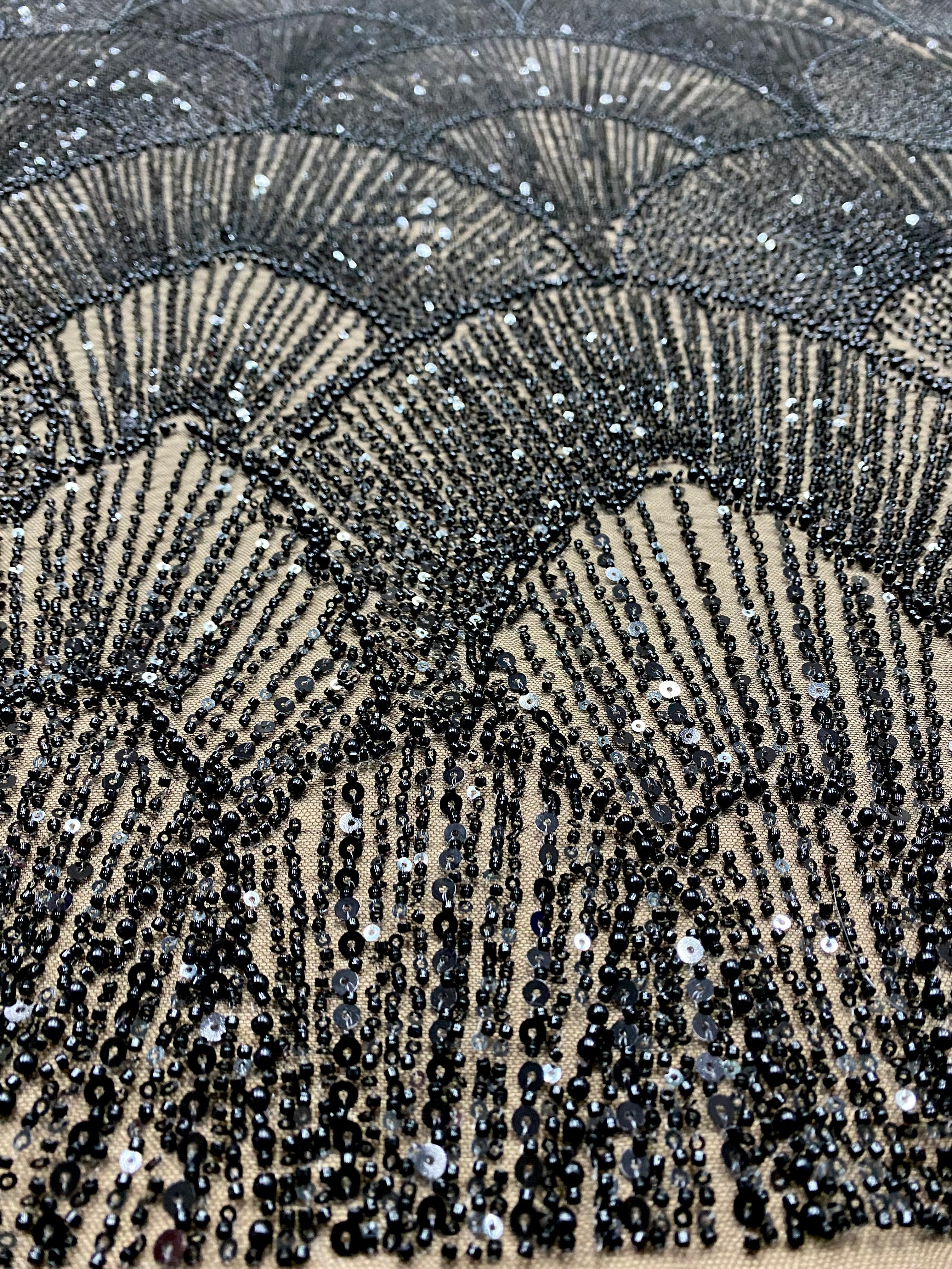 Silver Couture Lace on Blue Tulle, with Symmetrical Pattern, with Beads and Sequins 