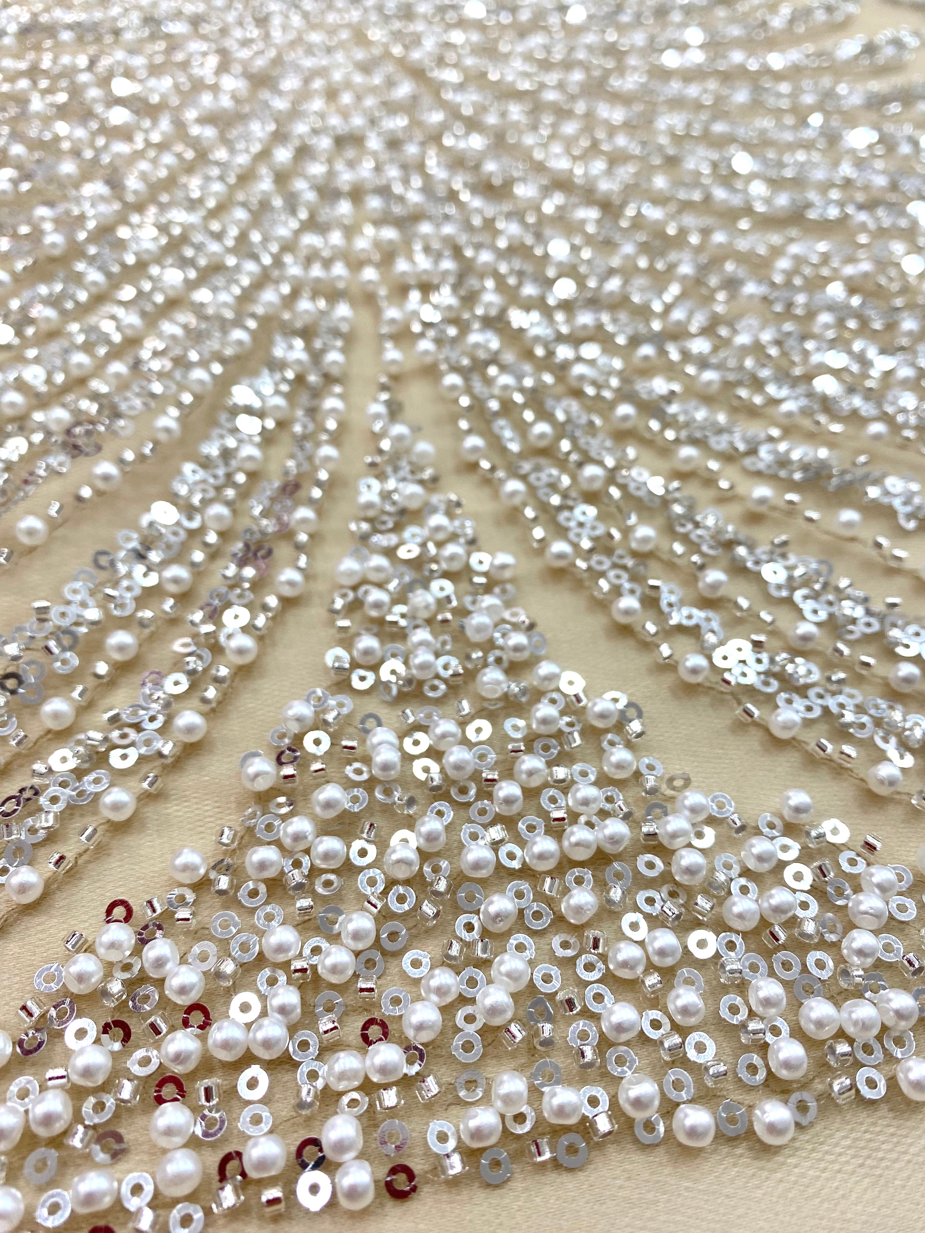 Silver Couture Lace on Nude Tulle with Panel, with Pearls, Beads and Sequins