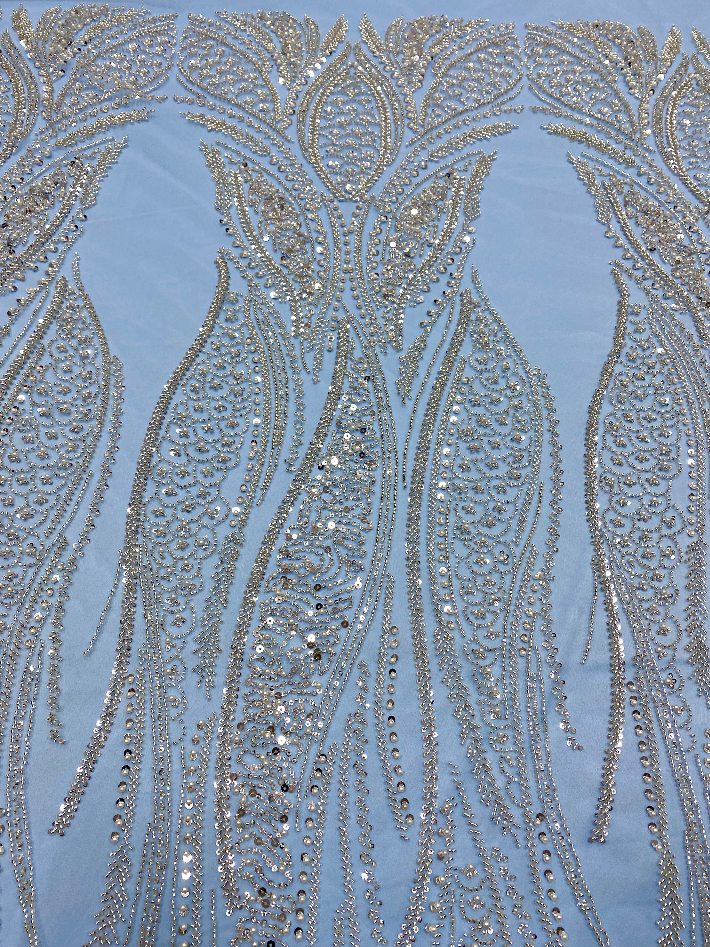 Silver Lace with Linear Pattern, with Pearls and Sequins