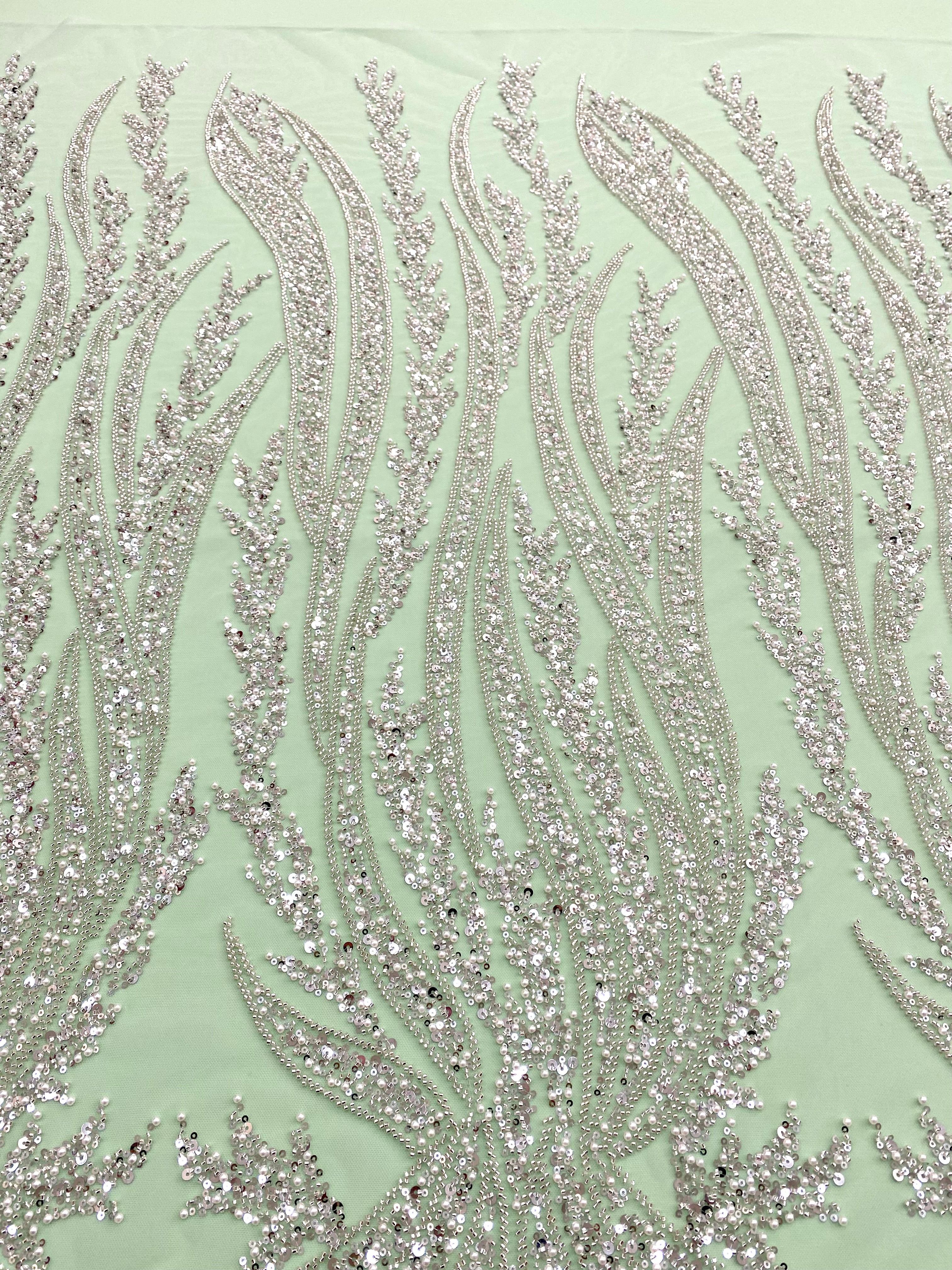 Silver Couture Lace on Mint Green Tulle with Panel, with Pearls, Beads and Sequins