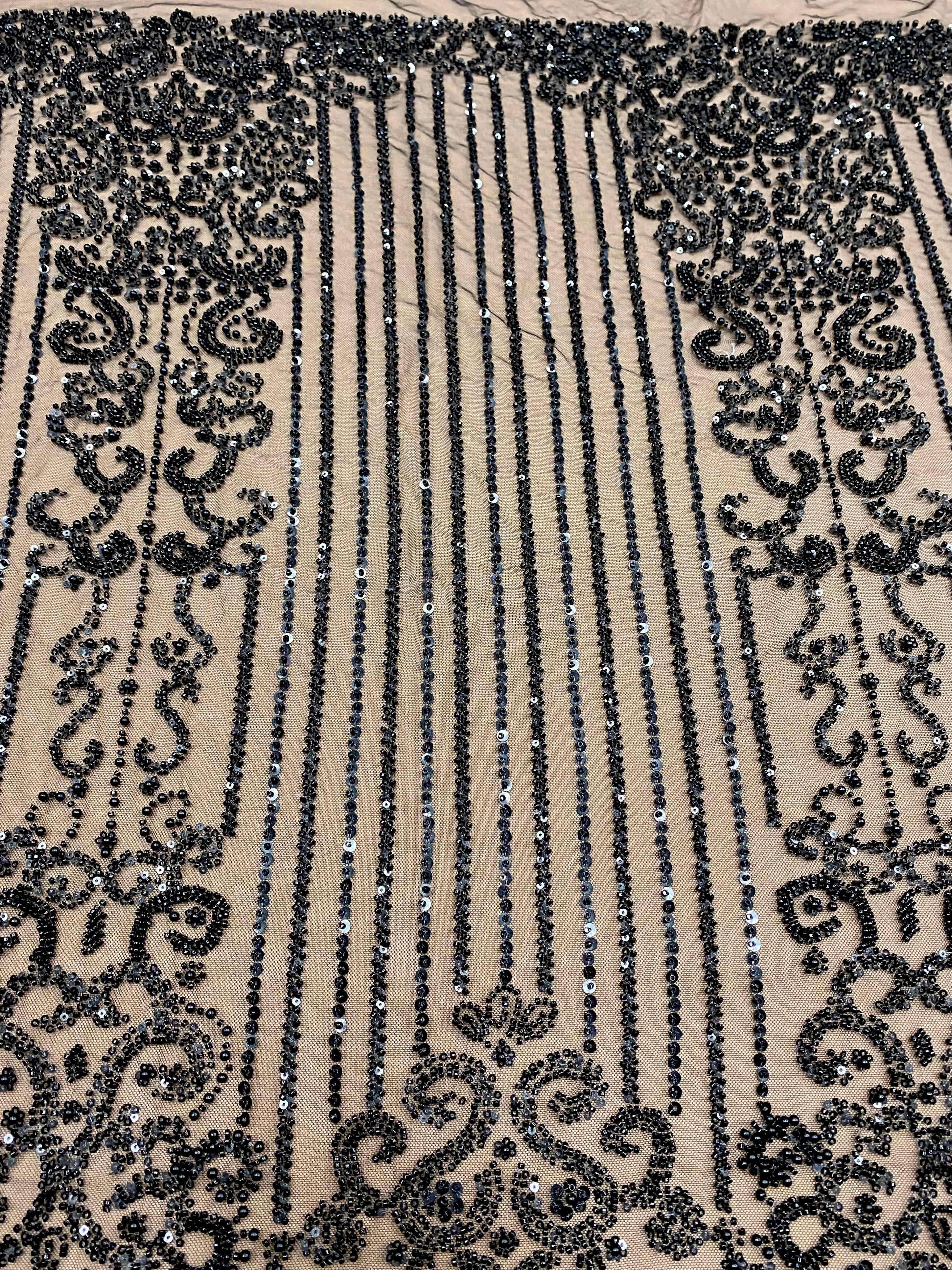 Cupon 1.30 m din Dantela Couture Neagra cu Model Geometric, cu Perle, Margele si Paiete