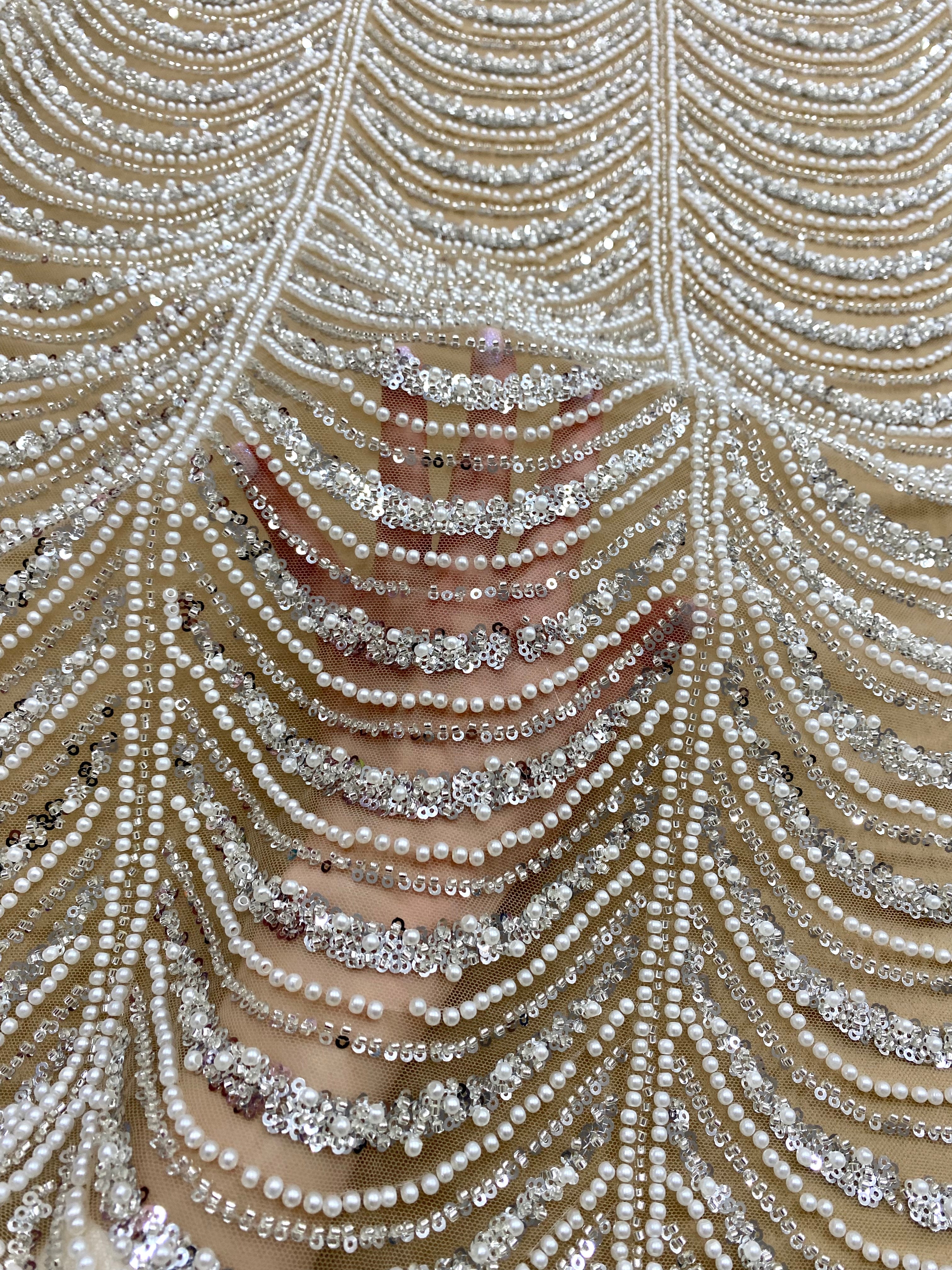 Silver Lace with Linear Pattern, with Pearls and Sequins