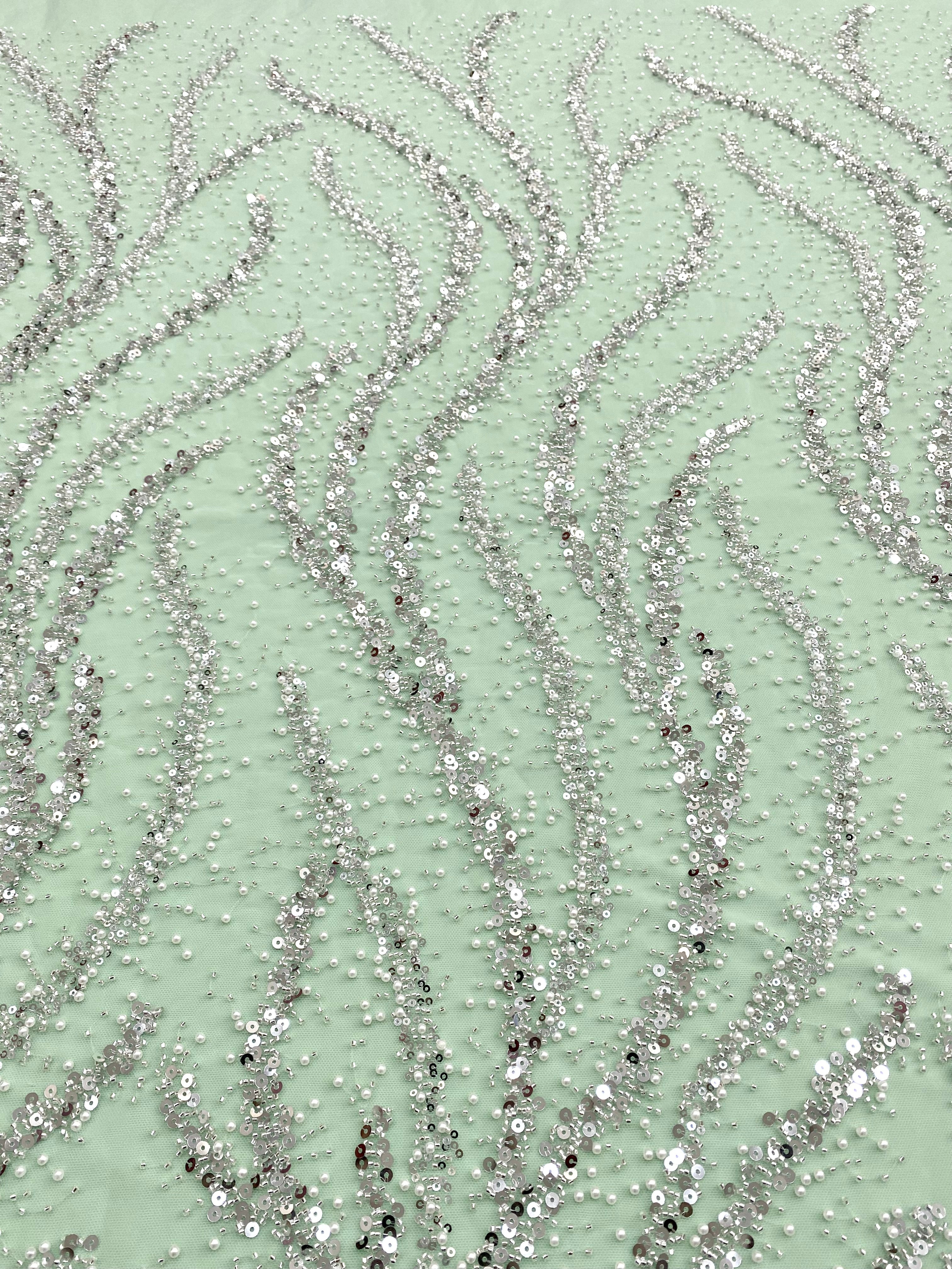 Silver Couture Lace on Mint Green Tulle with Pearls, Beads and Sequins