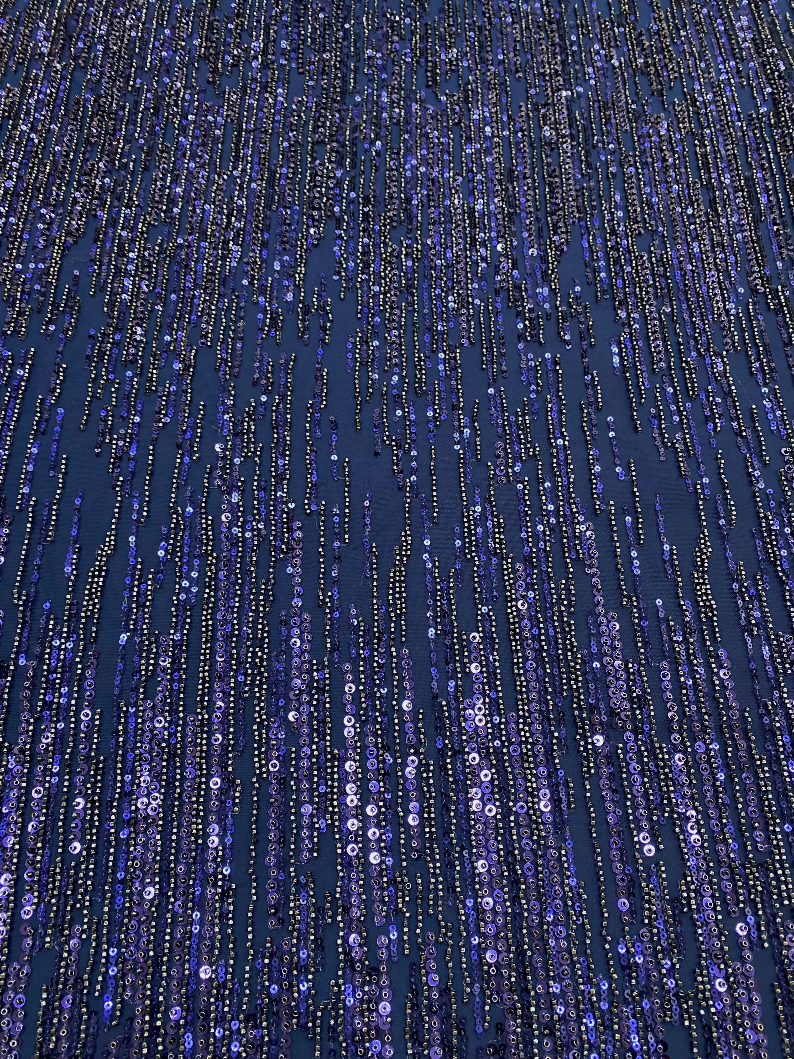 Navy Blue Couture Lace with Linear Pattern, Beads and Sequins