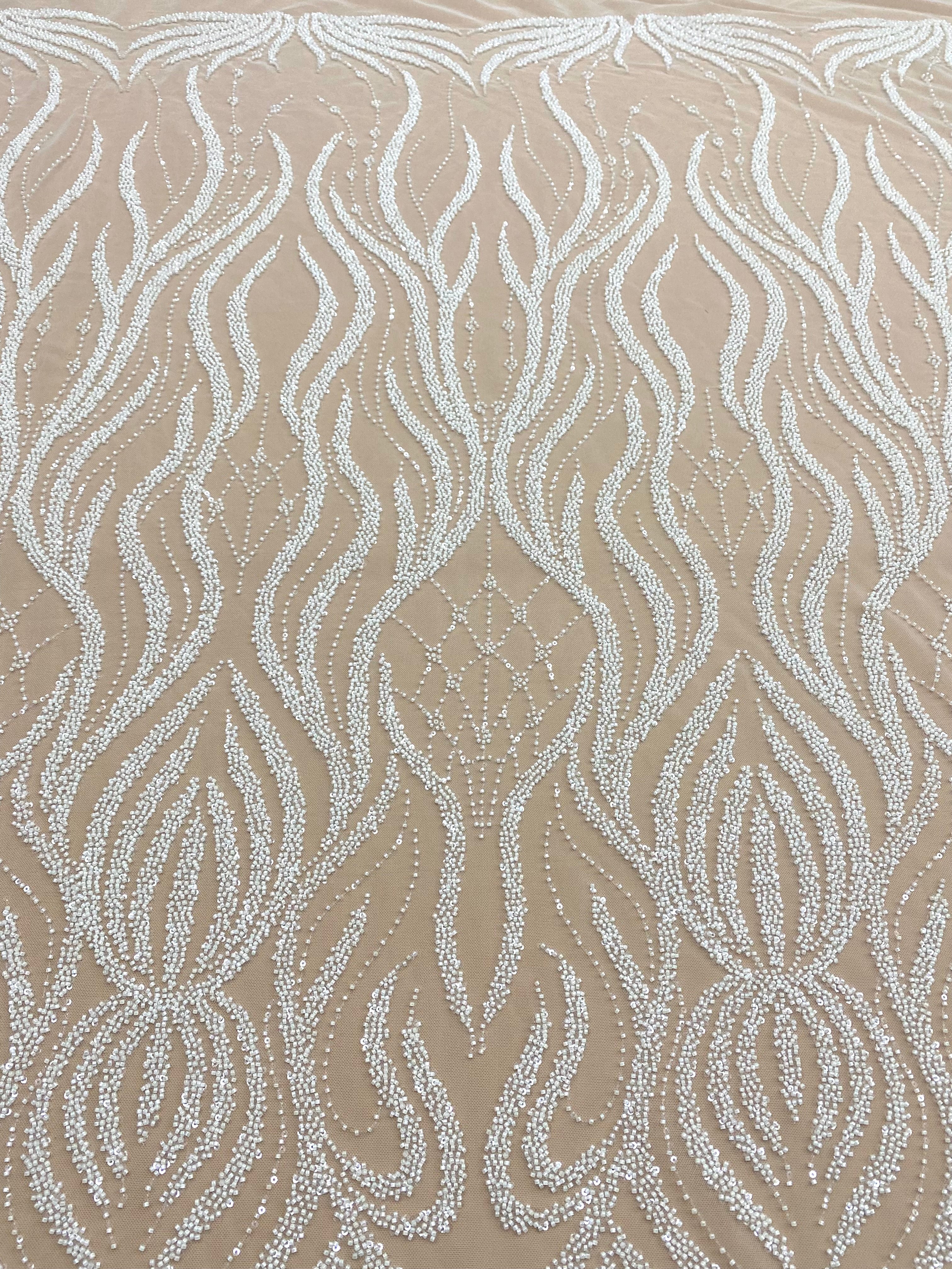 Ivory Couture Lace with Geometric Pattern, Beads and Sequins