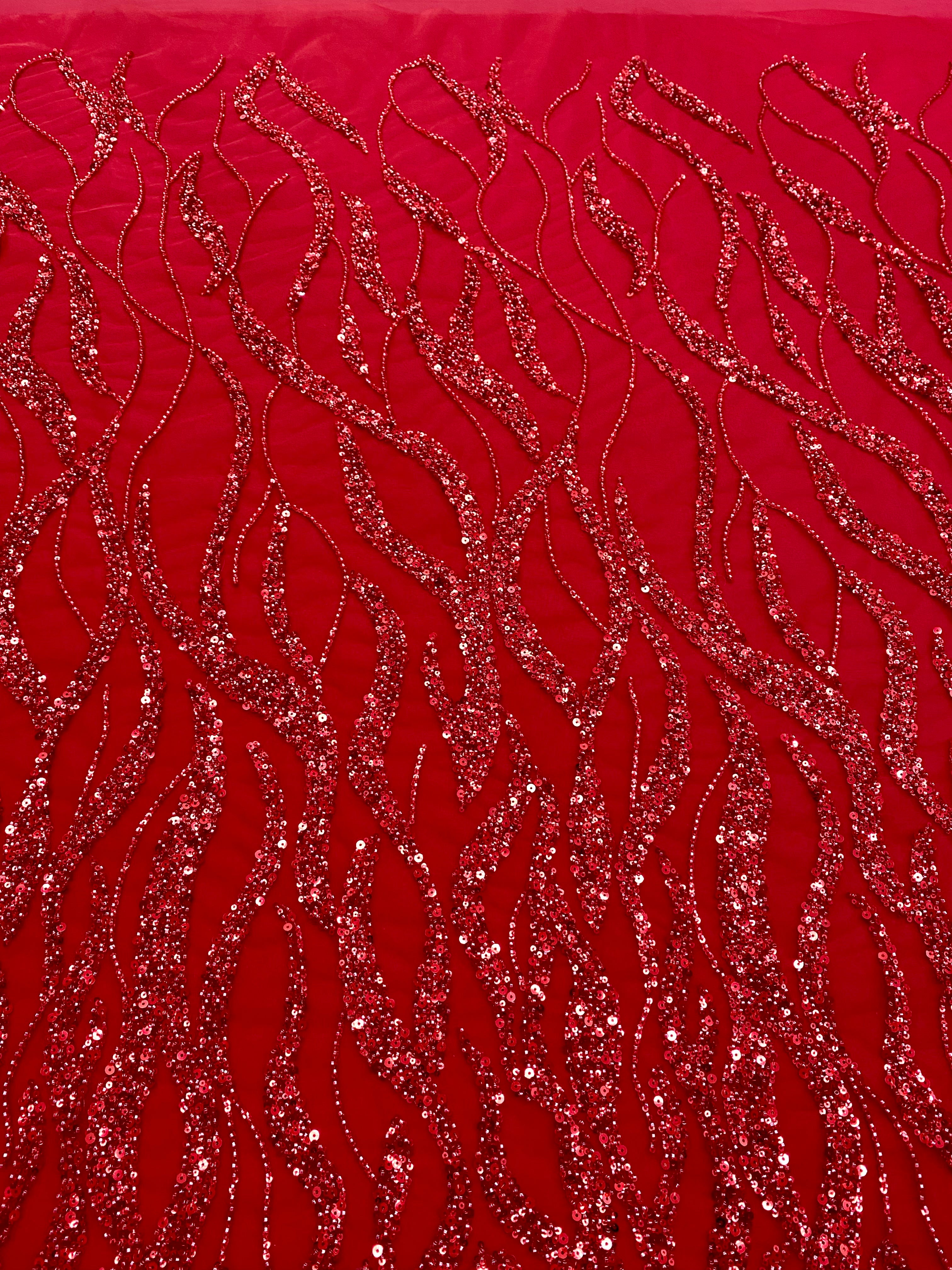 Red Couture Lace with Beads, Beads and Sequins