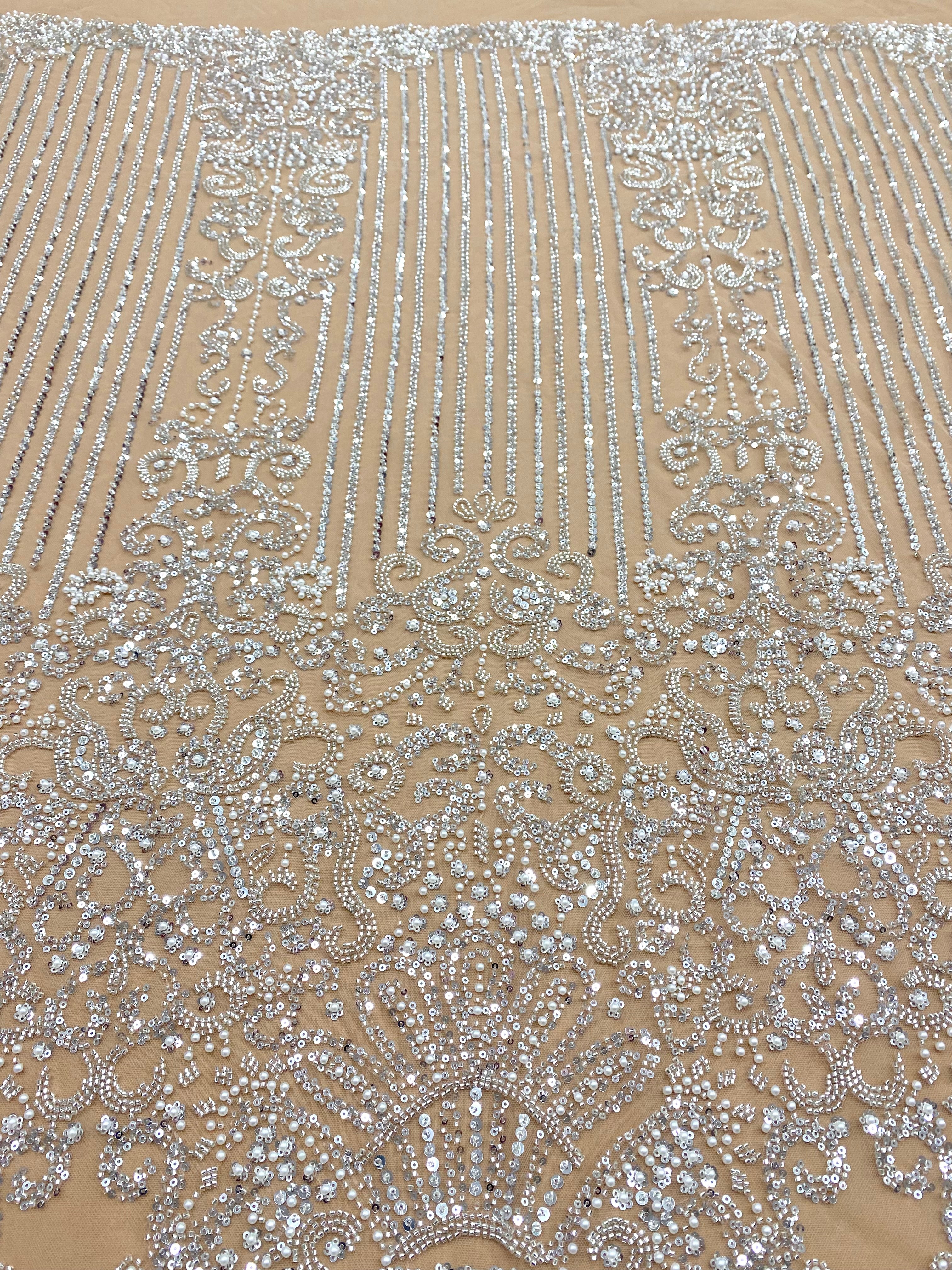 Silver Couture Lace on Nude Tulle with Geometric Pattern, with Pearls, Beads and Sequins