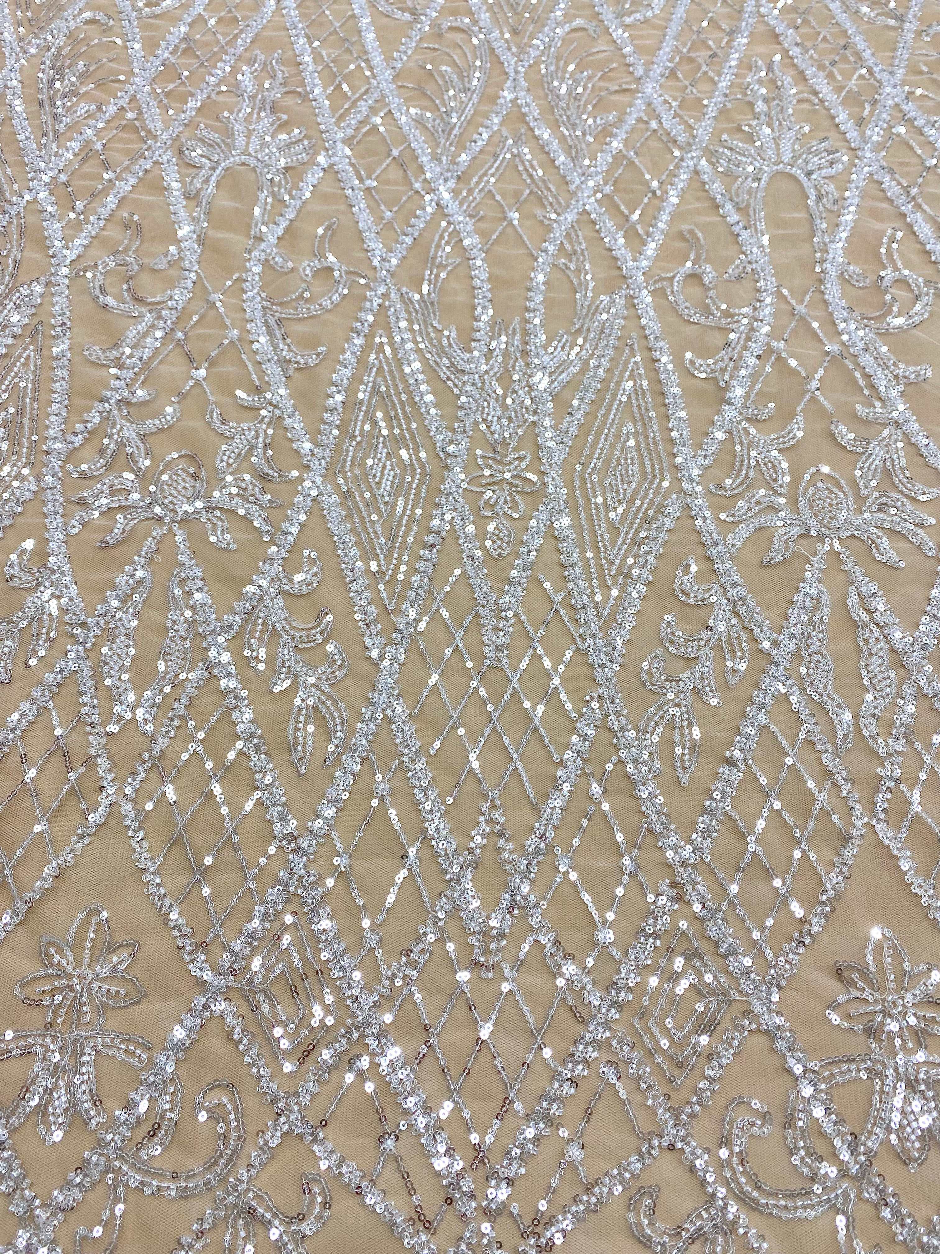 Silver Lace with Linear Pattern, with Pearls and Sequins