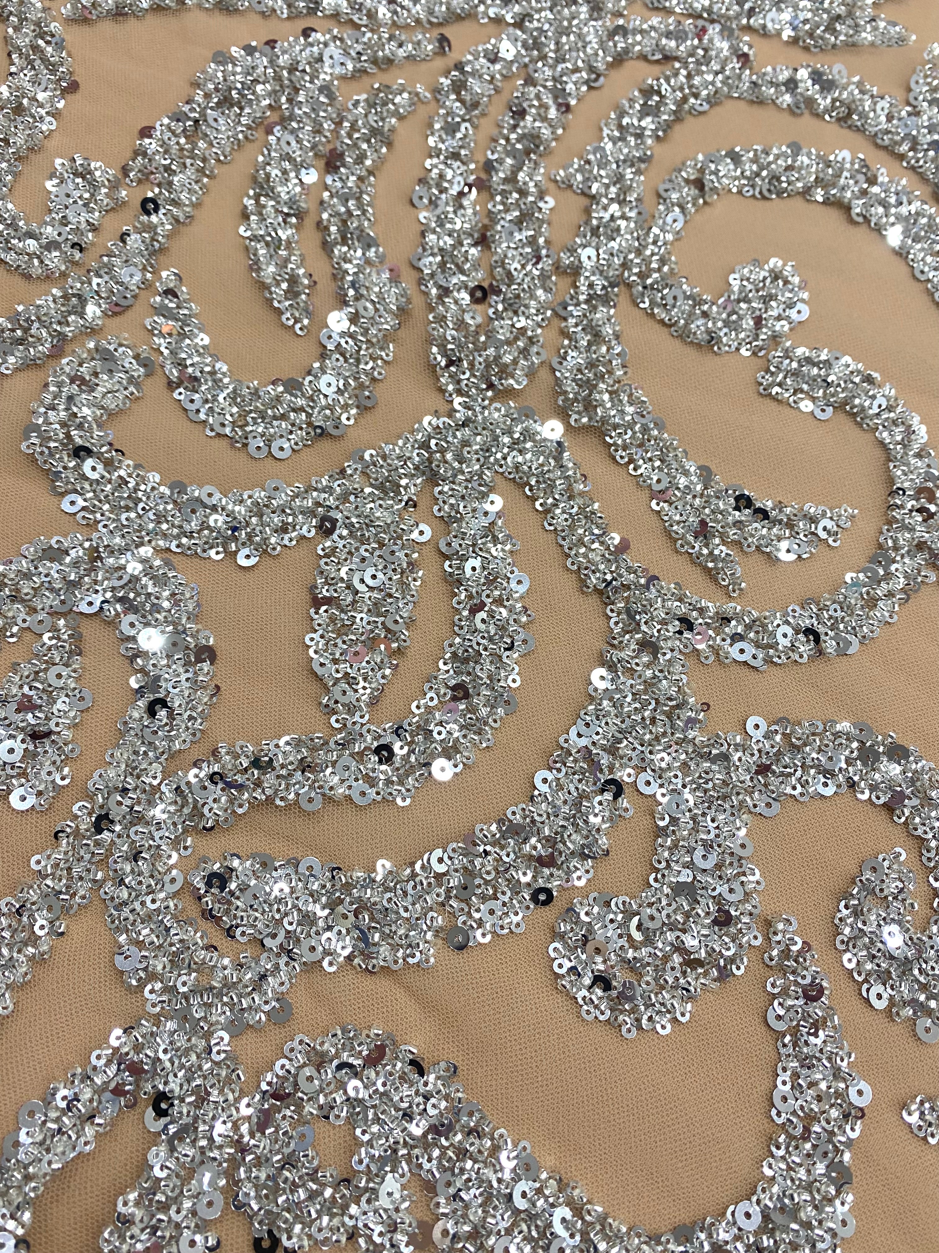 Silver Couture Lace on Nude Tulle with Beads and Sequins 