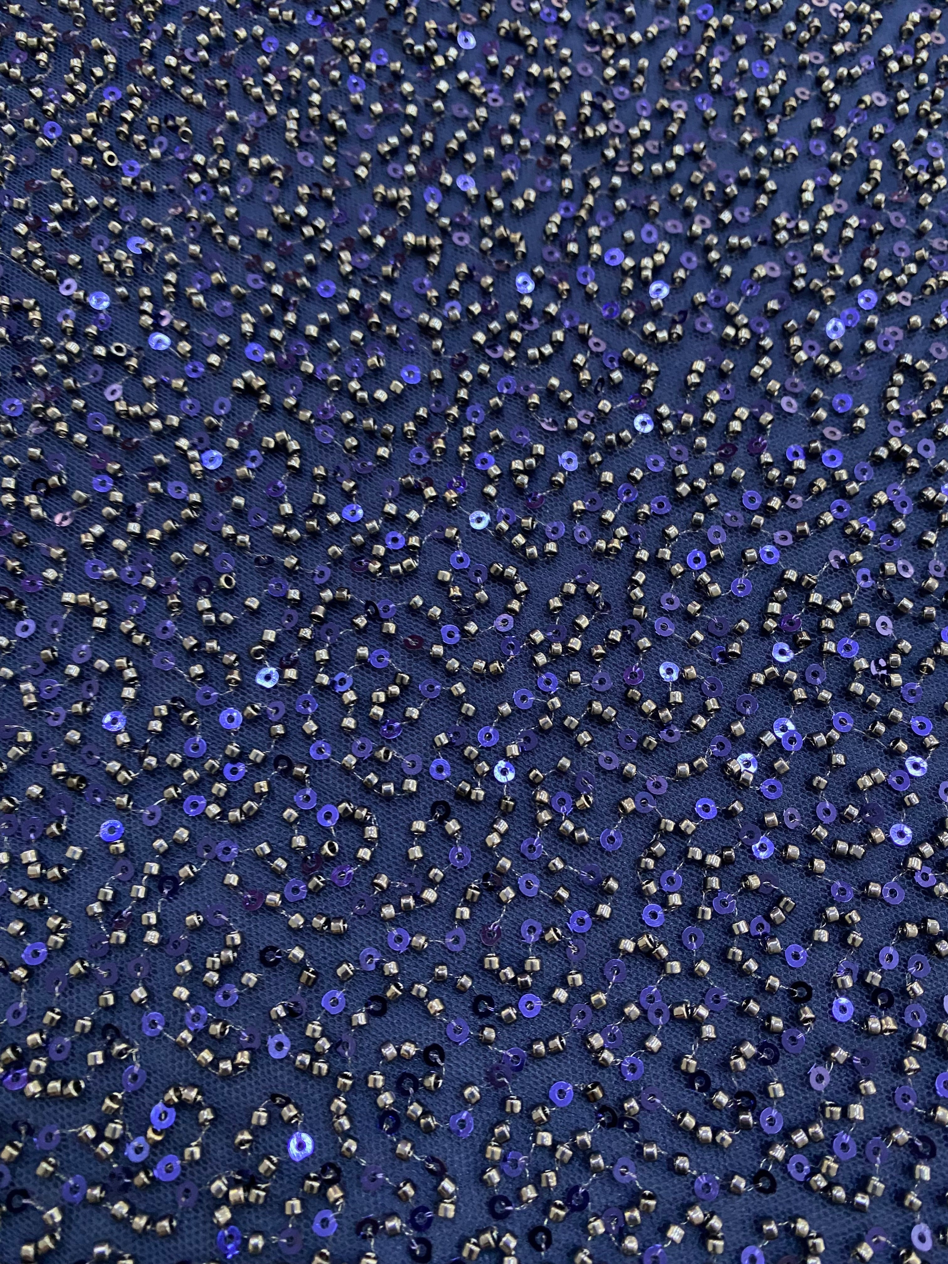 Navy Blue Couture Lace with General Pattern, with Beads and Sequins 